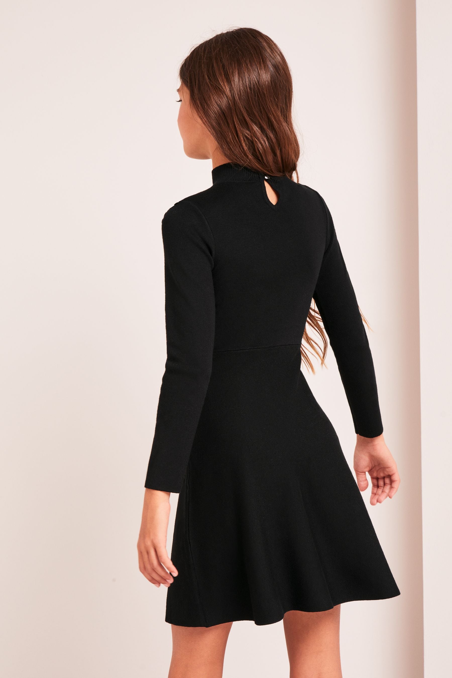 Black Lace Yoke Long Sleeve Knitted Dress