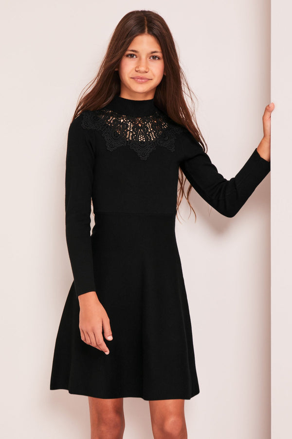 Black Lace Yoke Long Sleeve Knitted Dress