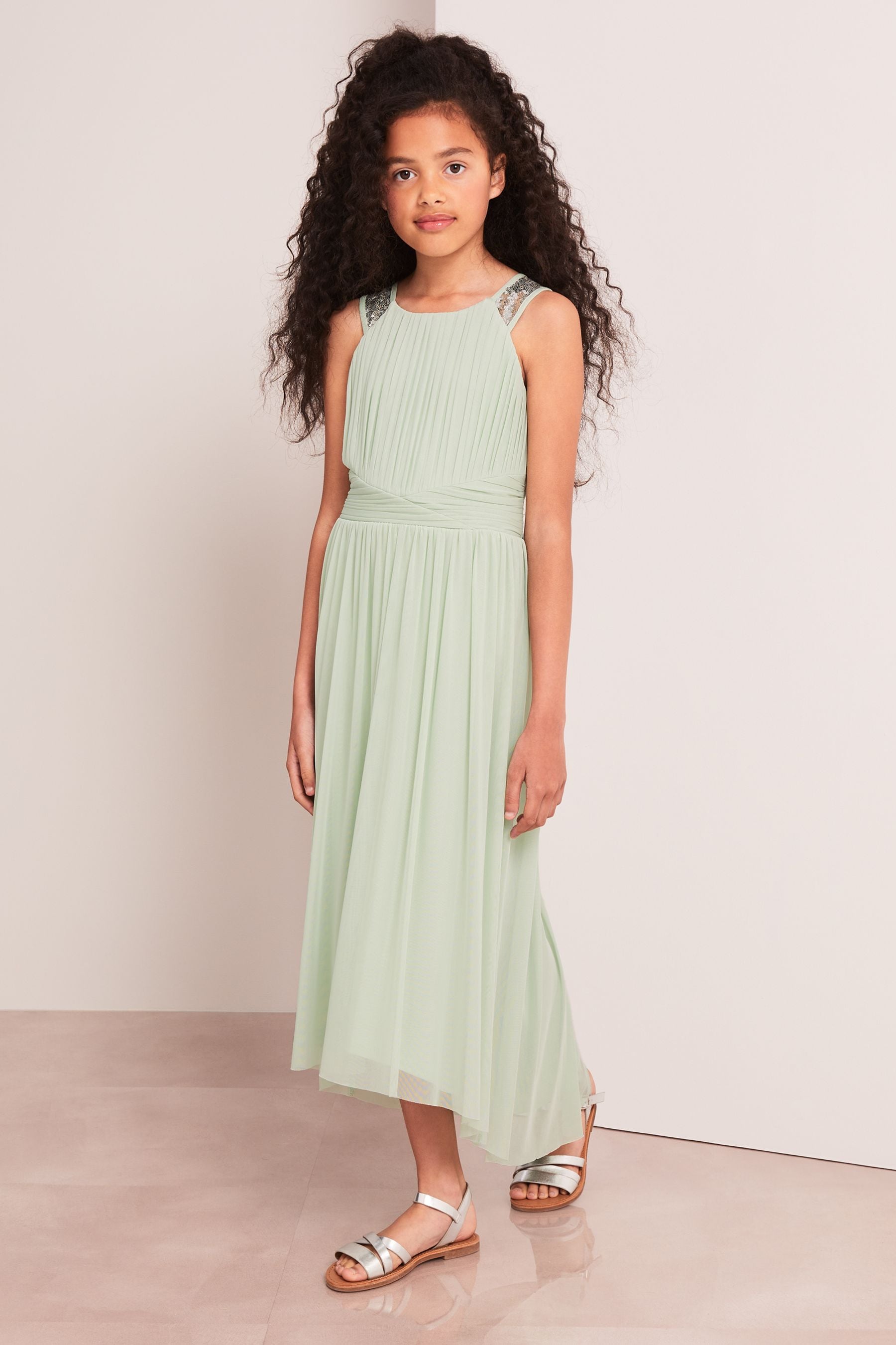 Sage Green Embellished Strap Midi Occasion Dress