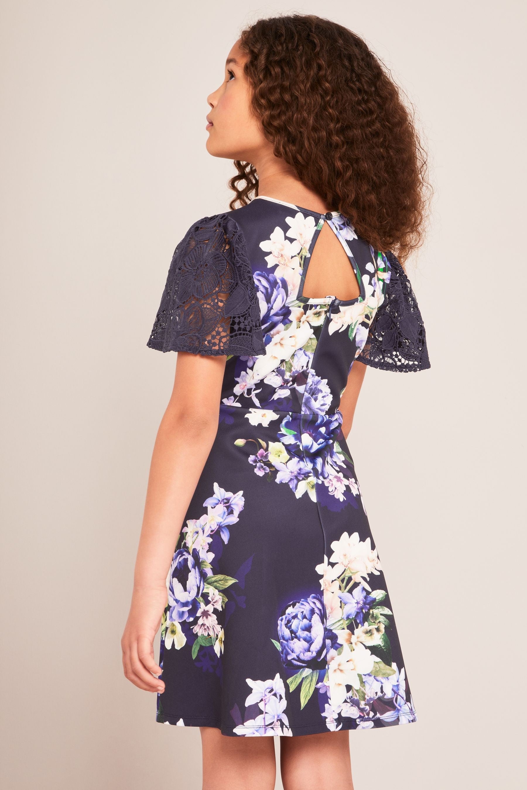 Navy Flutter Sleeve Lace Occasion Dress