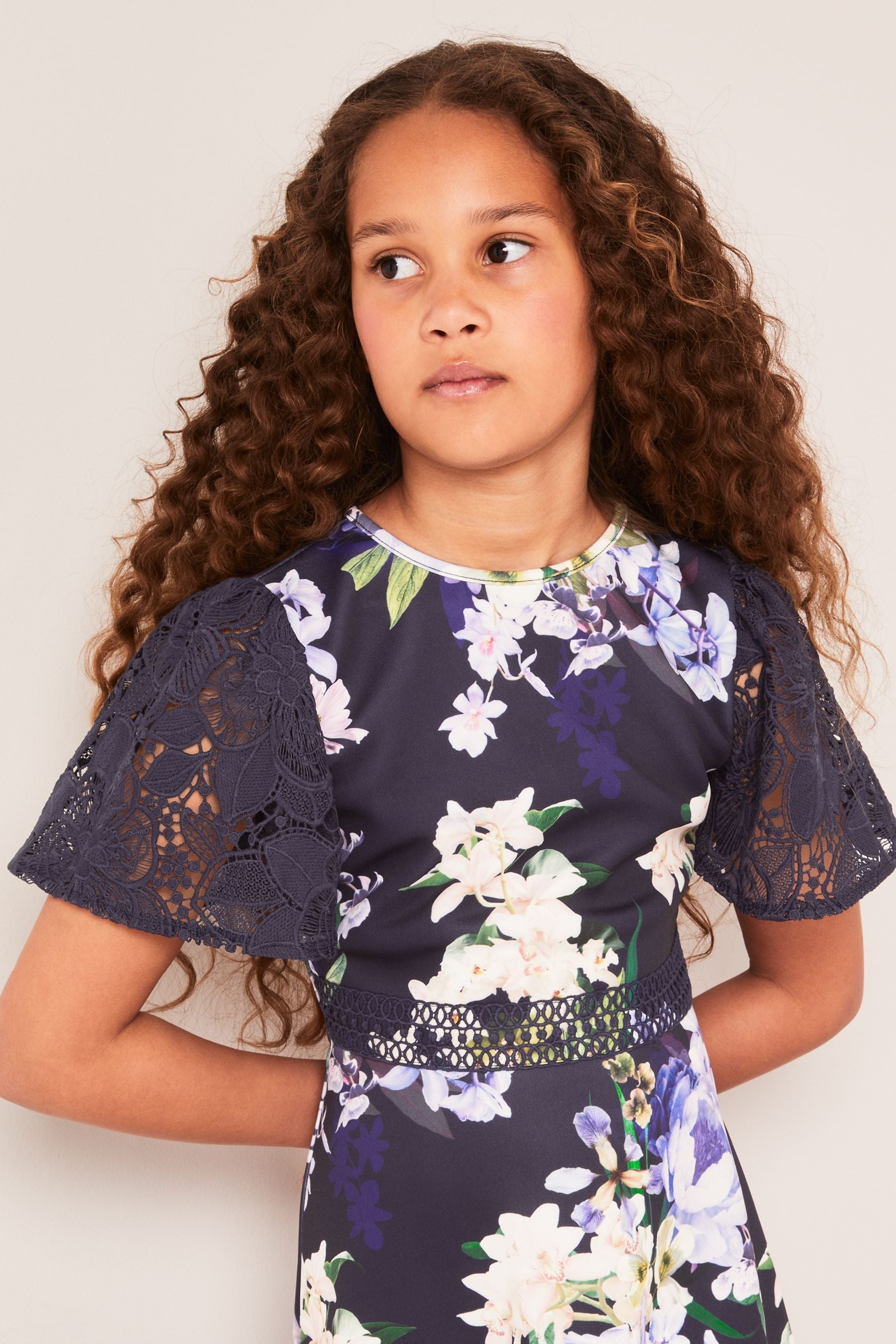 Navy Flutter Sleeve Lace Occasion Dress