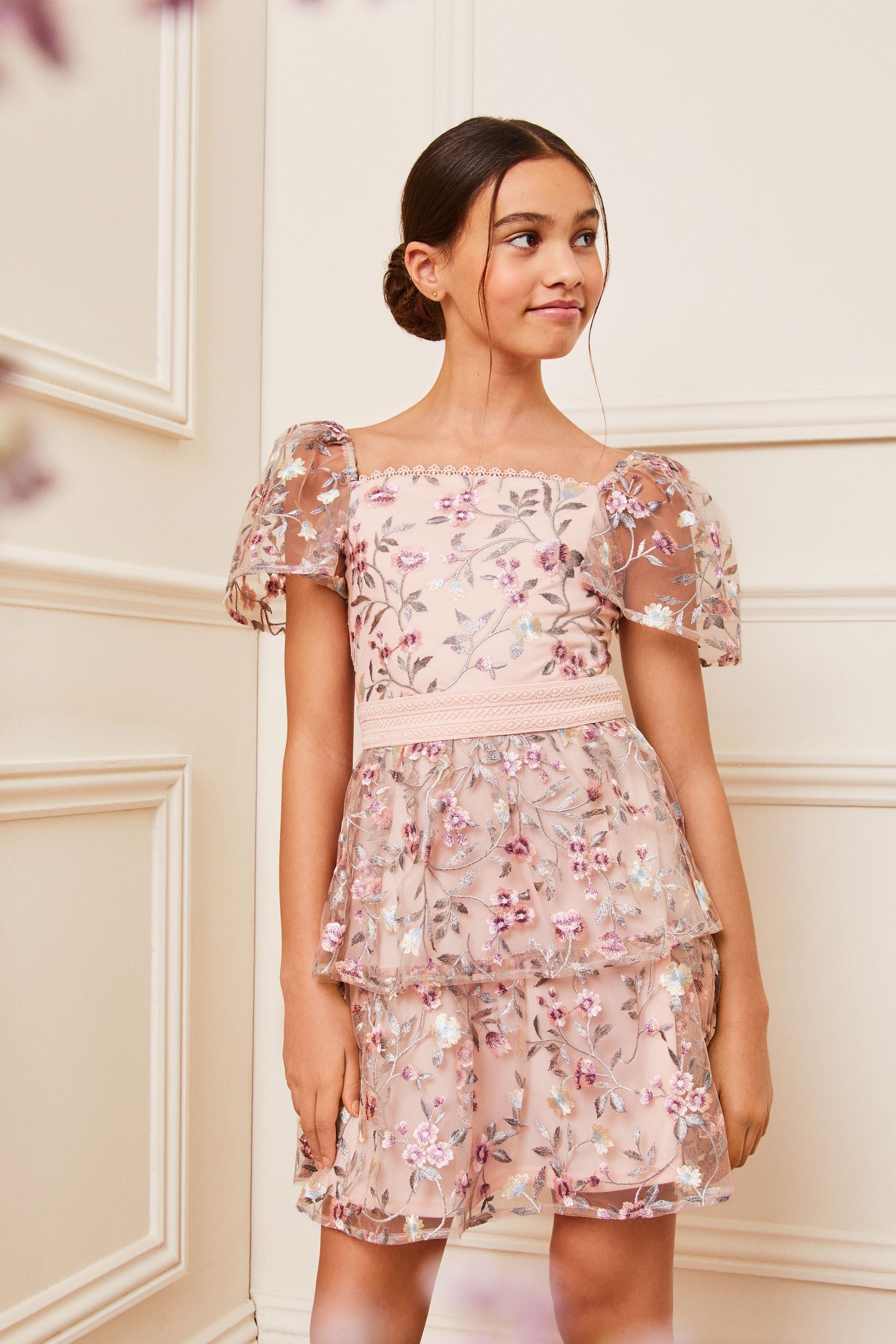 Pink Lipsy Embroidered Square Neck Occasion Dress (3-16yrs)