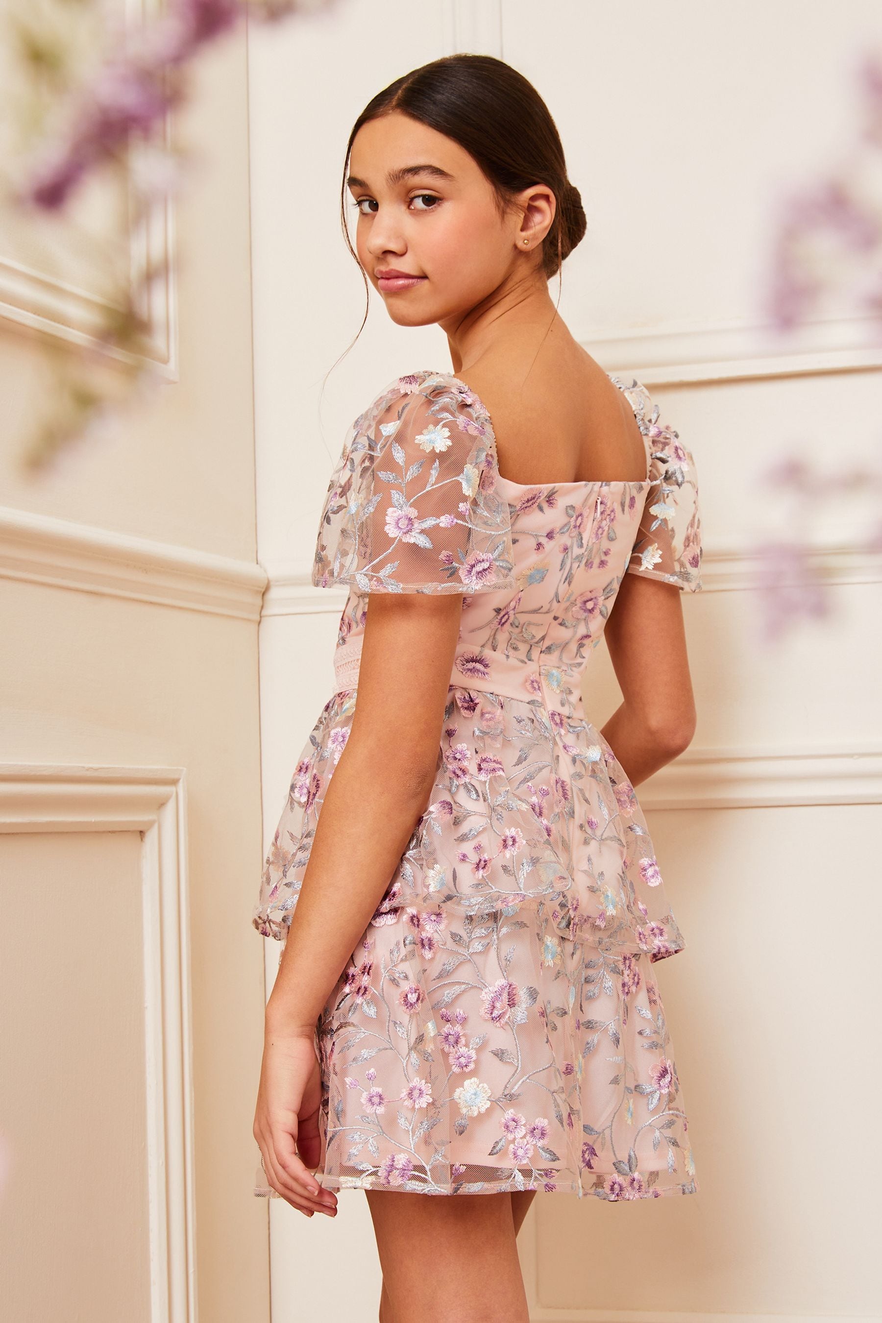 Pink Embroidered Square Neck Occasion Dress (3-16yrs)