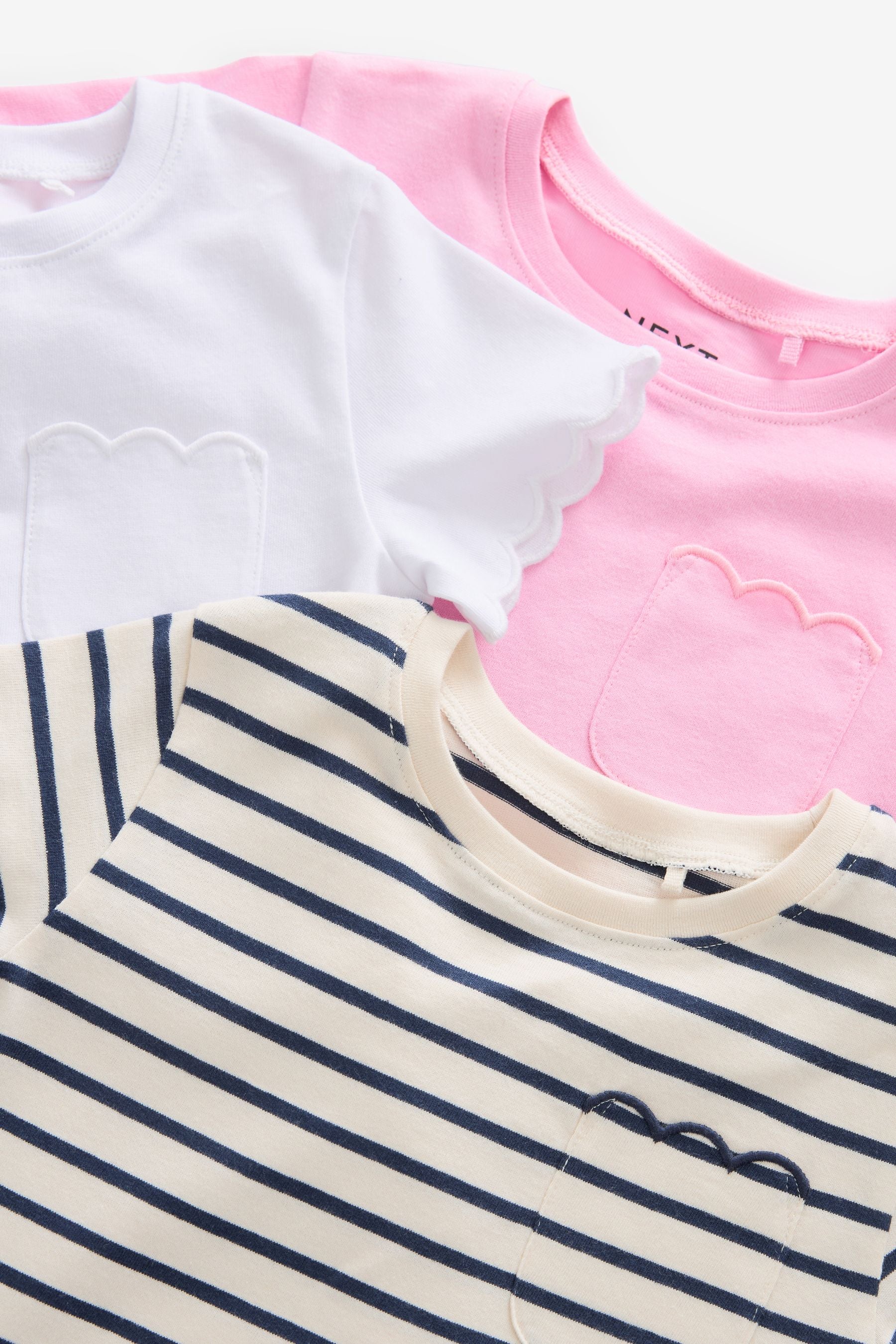 Pink/White/Stripe 100% Cotton Short Sleeve Cotton Scallop Edge T-Shirts 3 Pack (3mths-7yrs)