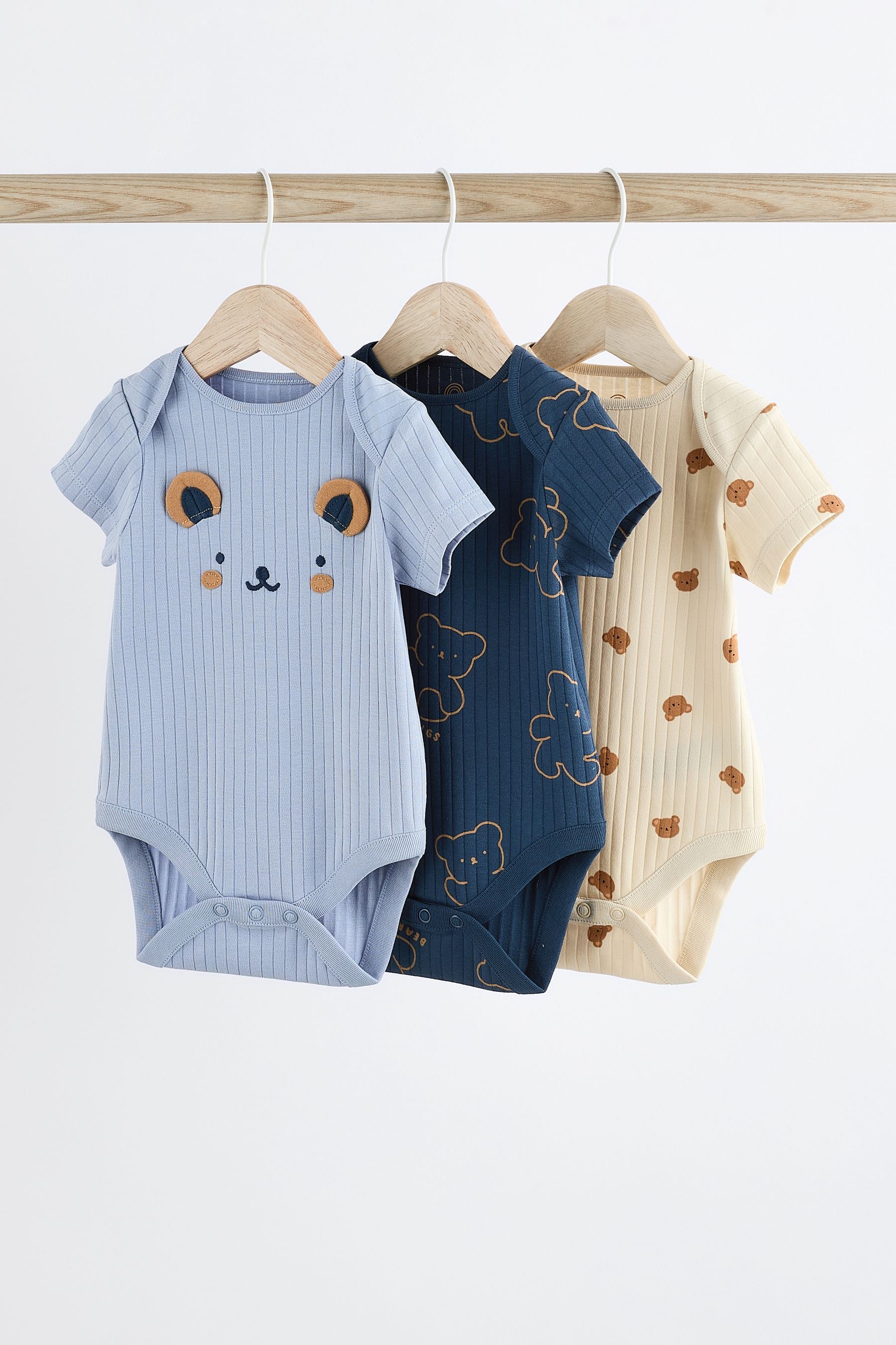 Navy Bear Baby Rib Bodysuits 3 Pack