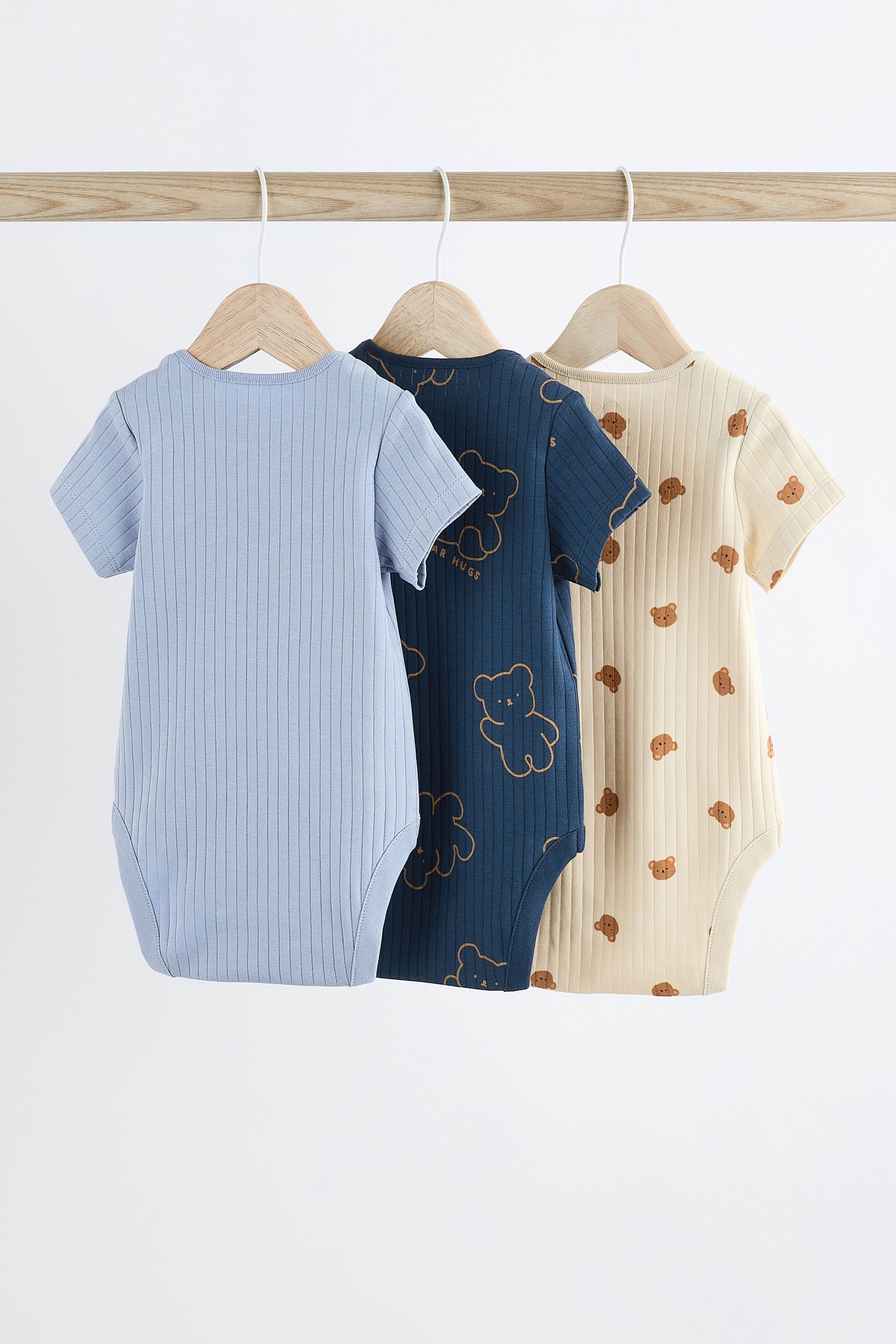 Navy Bear Baby Rib Bodysuits 3 Pack