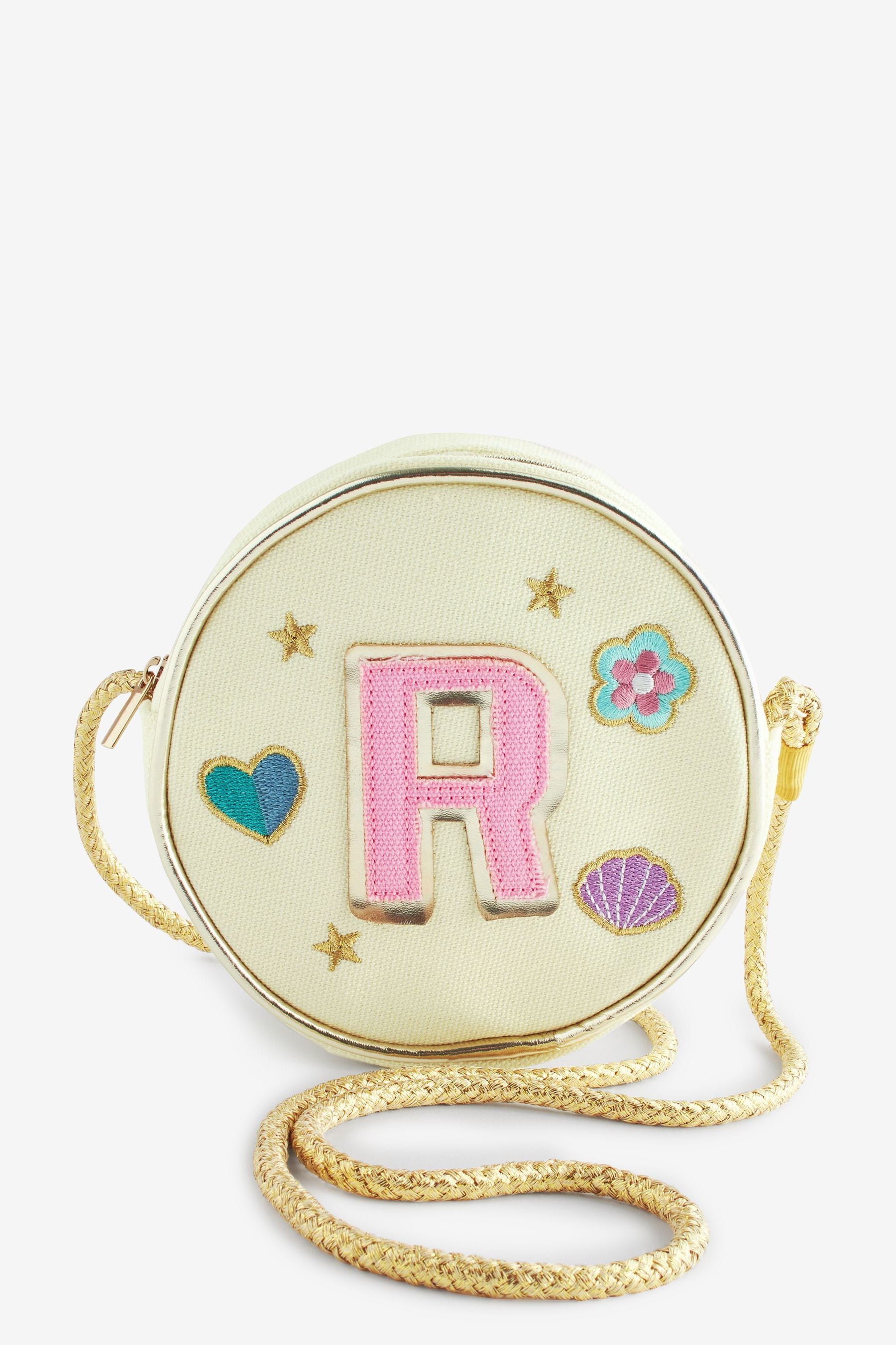 Cream R Initial Patch Canvas Bag