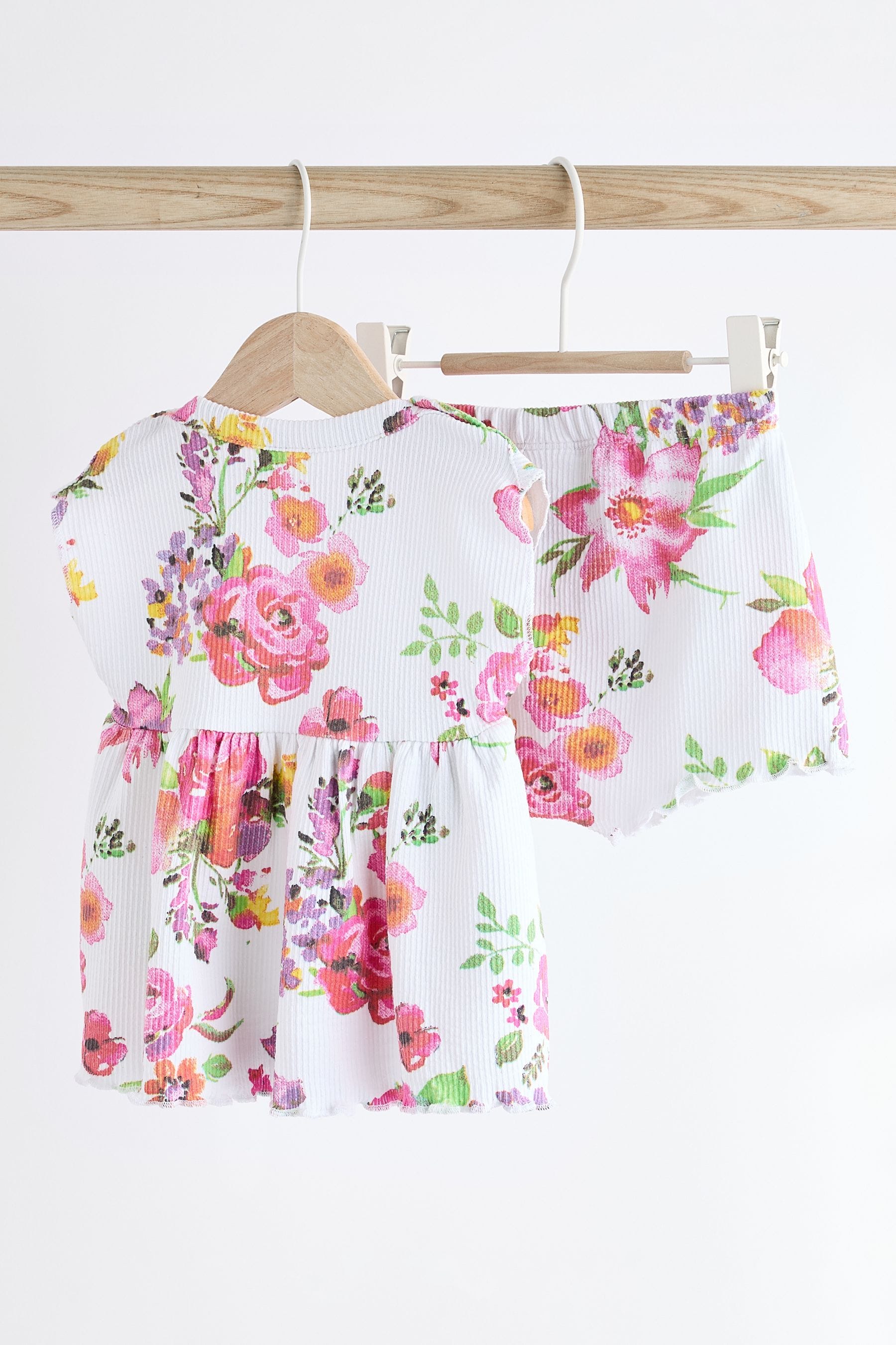 White Floral Baby Peplum Rib Top and Shorts 2 Piece Set