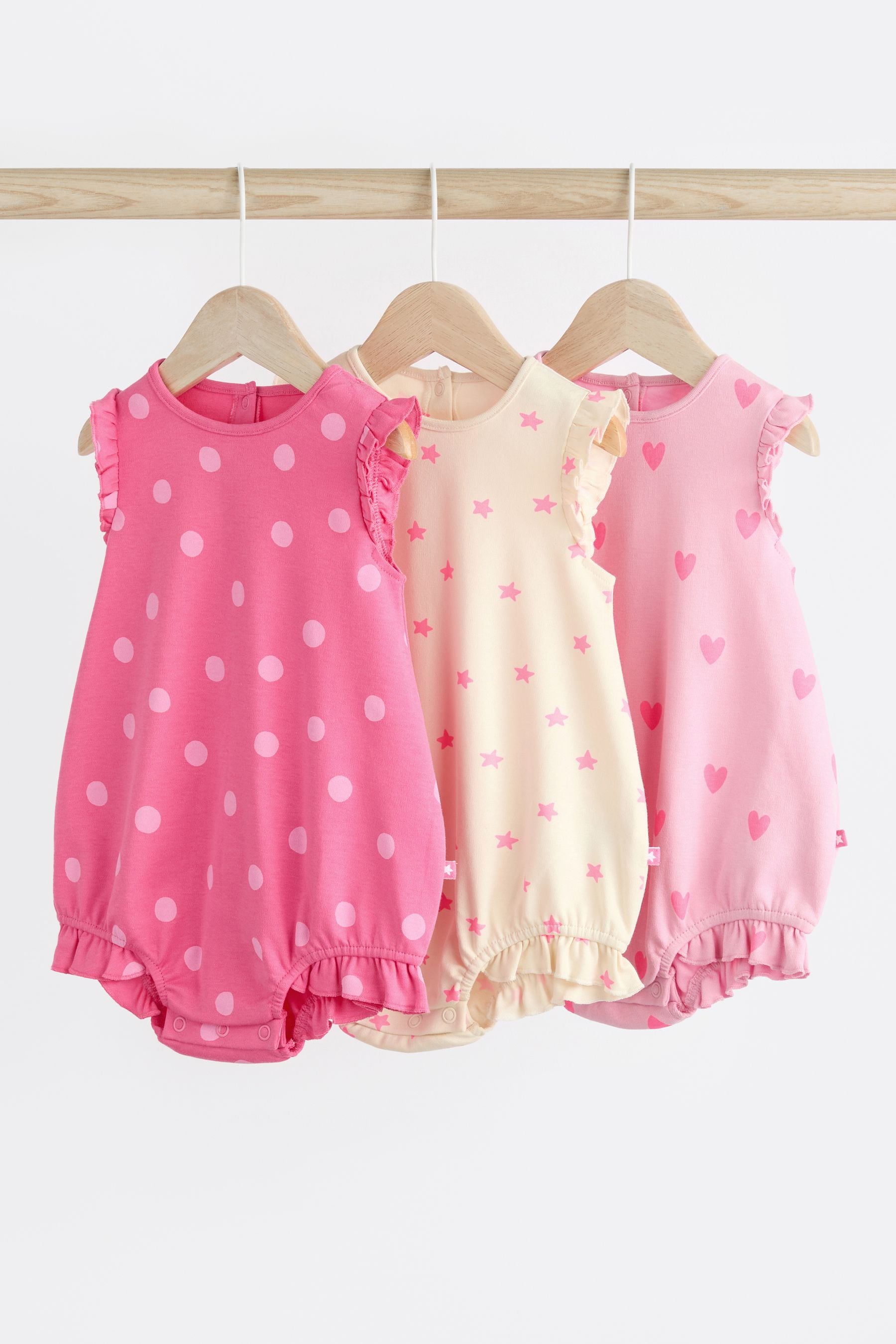 Pink/White Heart Baby Bloomer 100% Cotton Rompers 3 Pack