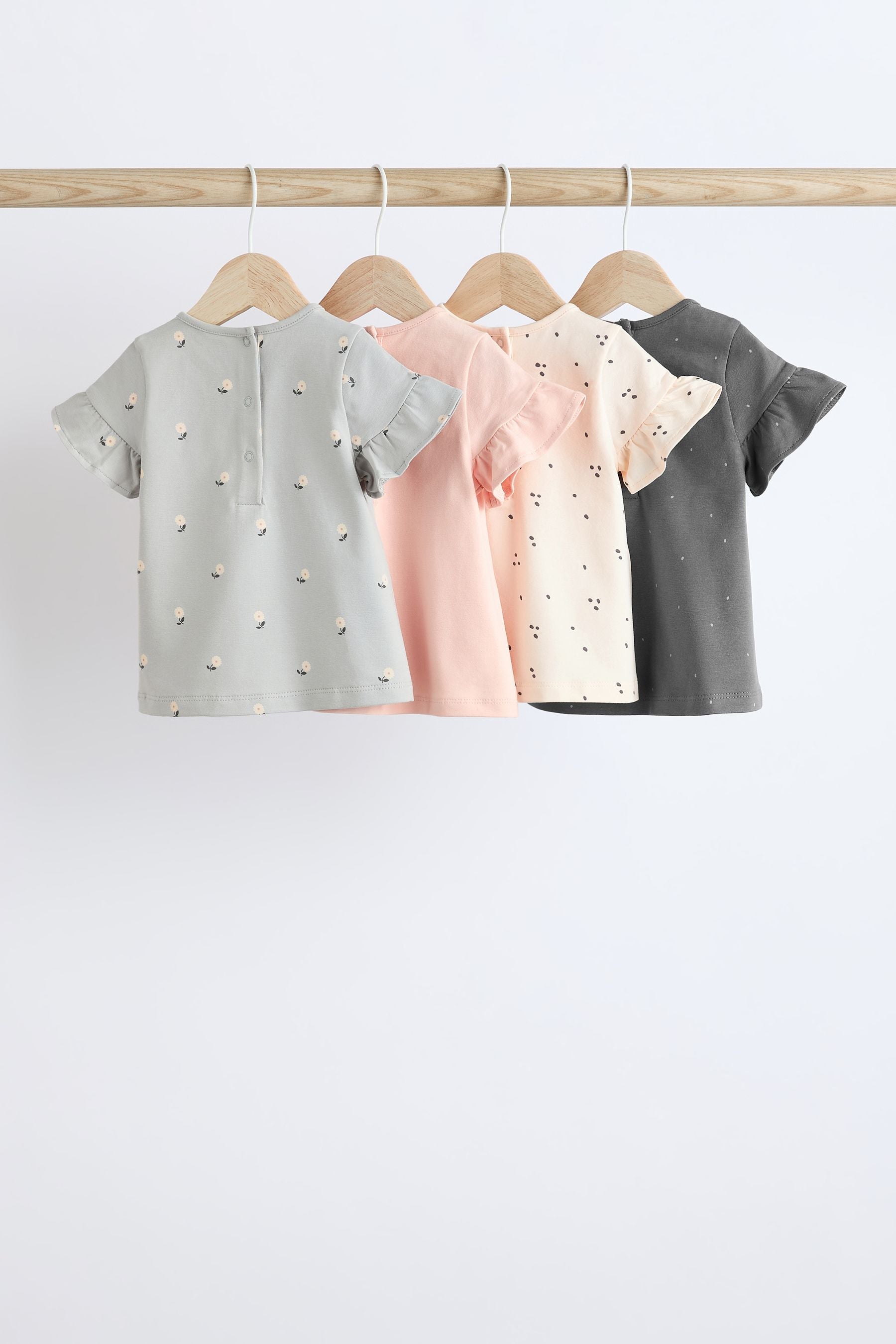 Grey/ Pink Flower Print Baby Short Sleeve Top 4 Pack