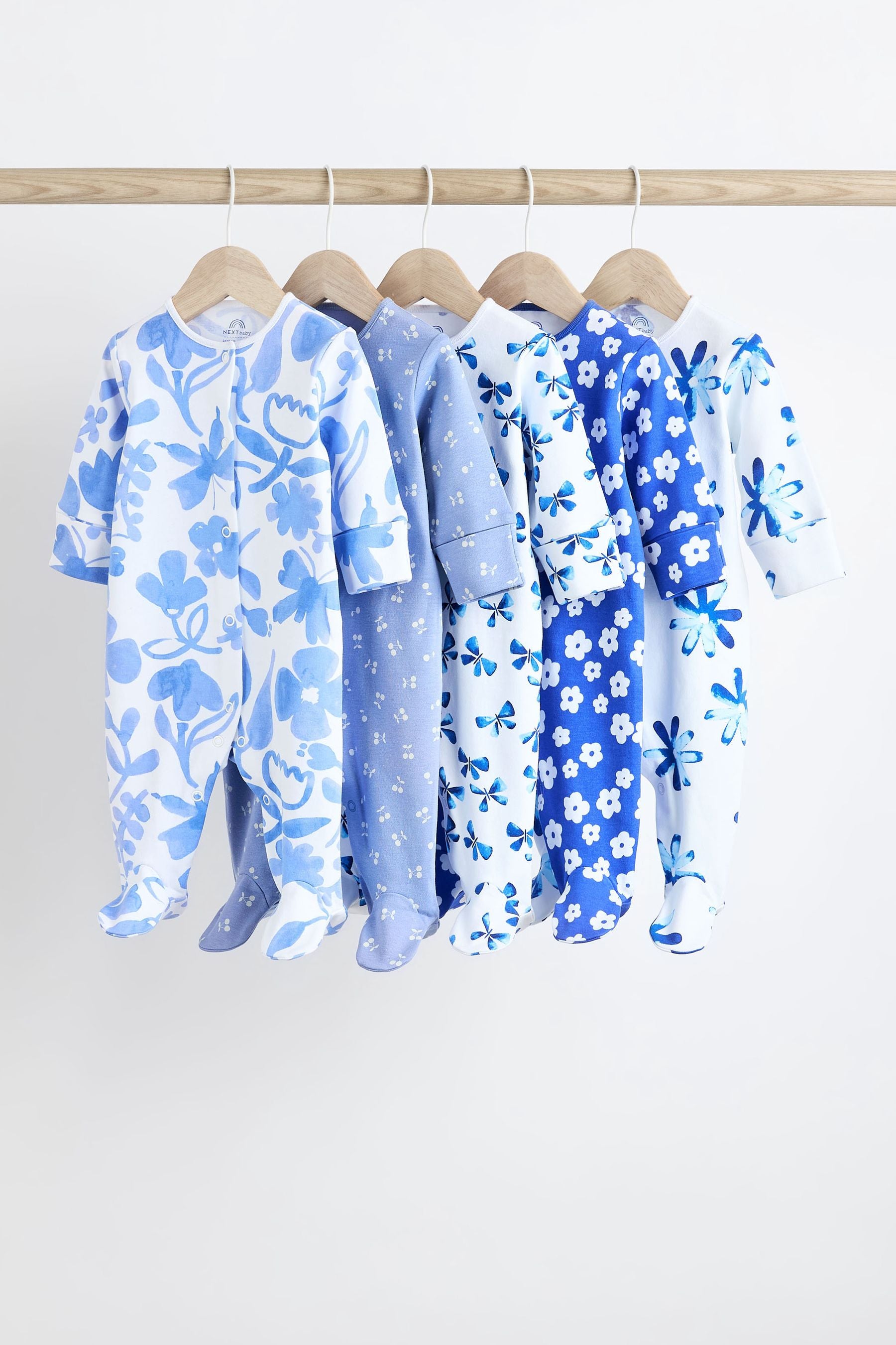 Blue Baby Footed 100% Cotton Sleepsuits 5 Pack (0-2yrs)