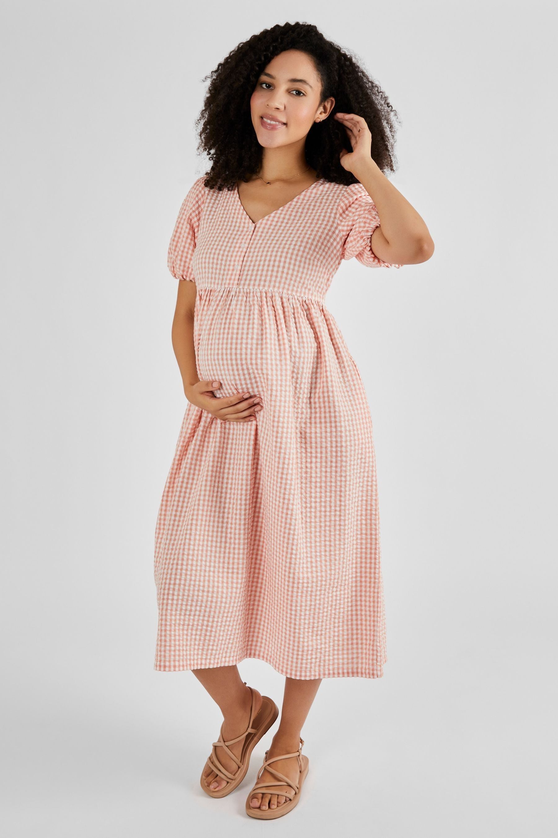 Coral Gingham JoJo Maman Bébé Puff Sleeve Maternity Midi Dress