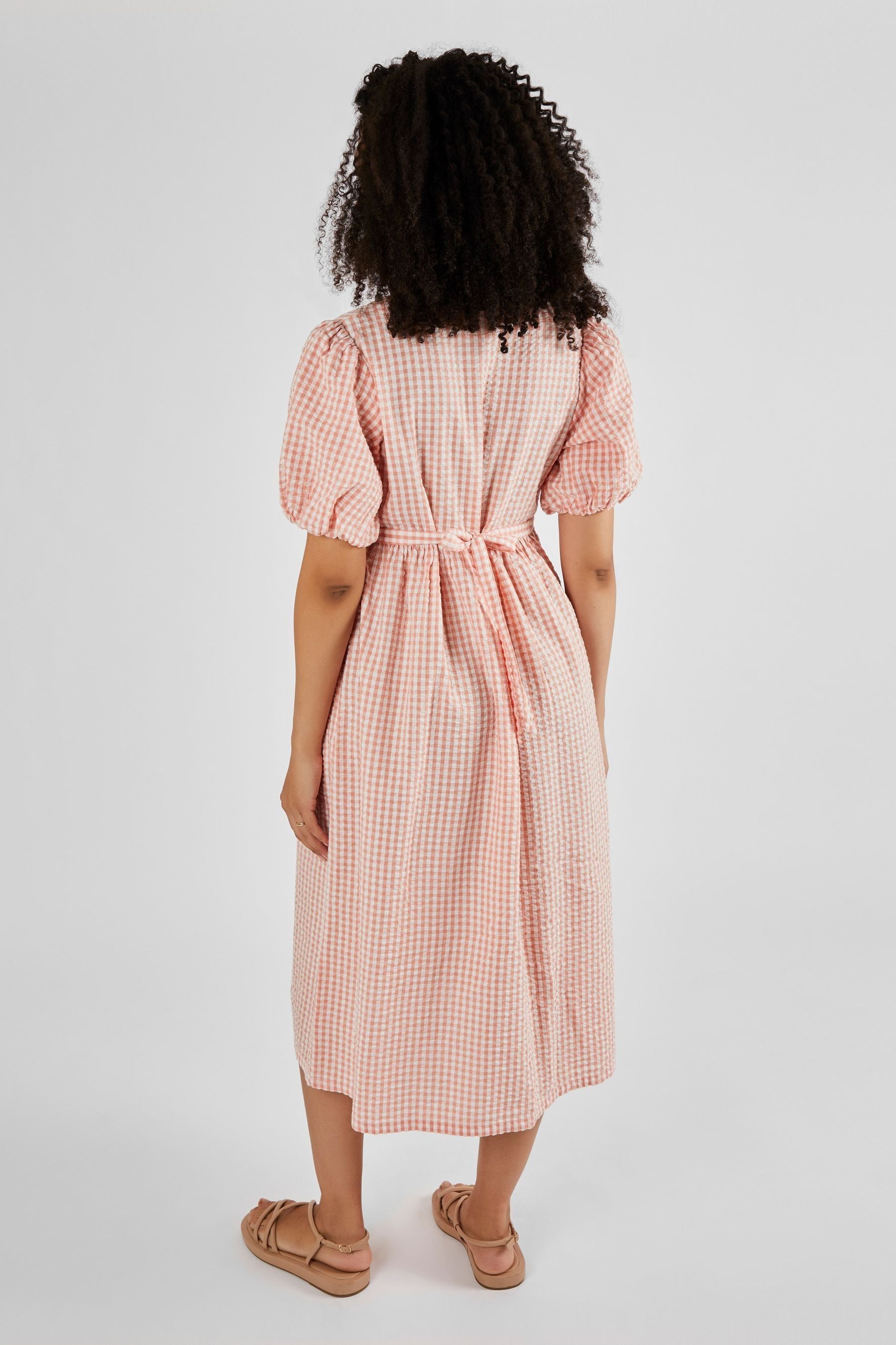 Coral Gingham JoJo Maman Bébé Puff Sleeve Maternity Midi Dress