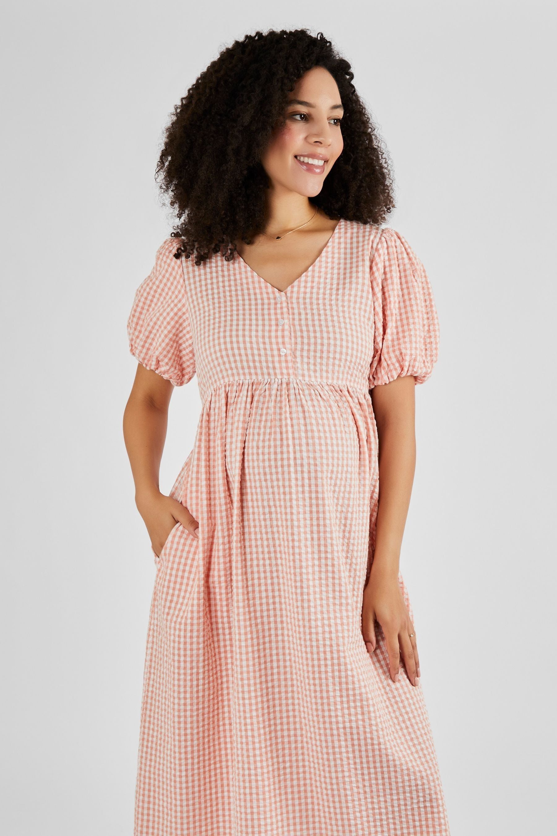 Coral Gingham JoJo Maman Bébé Puff Sleeve Maternity Midi Dress