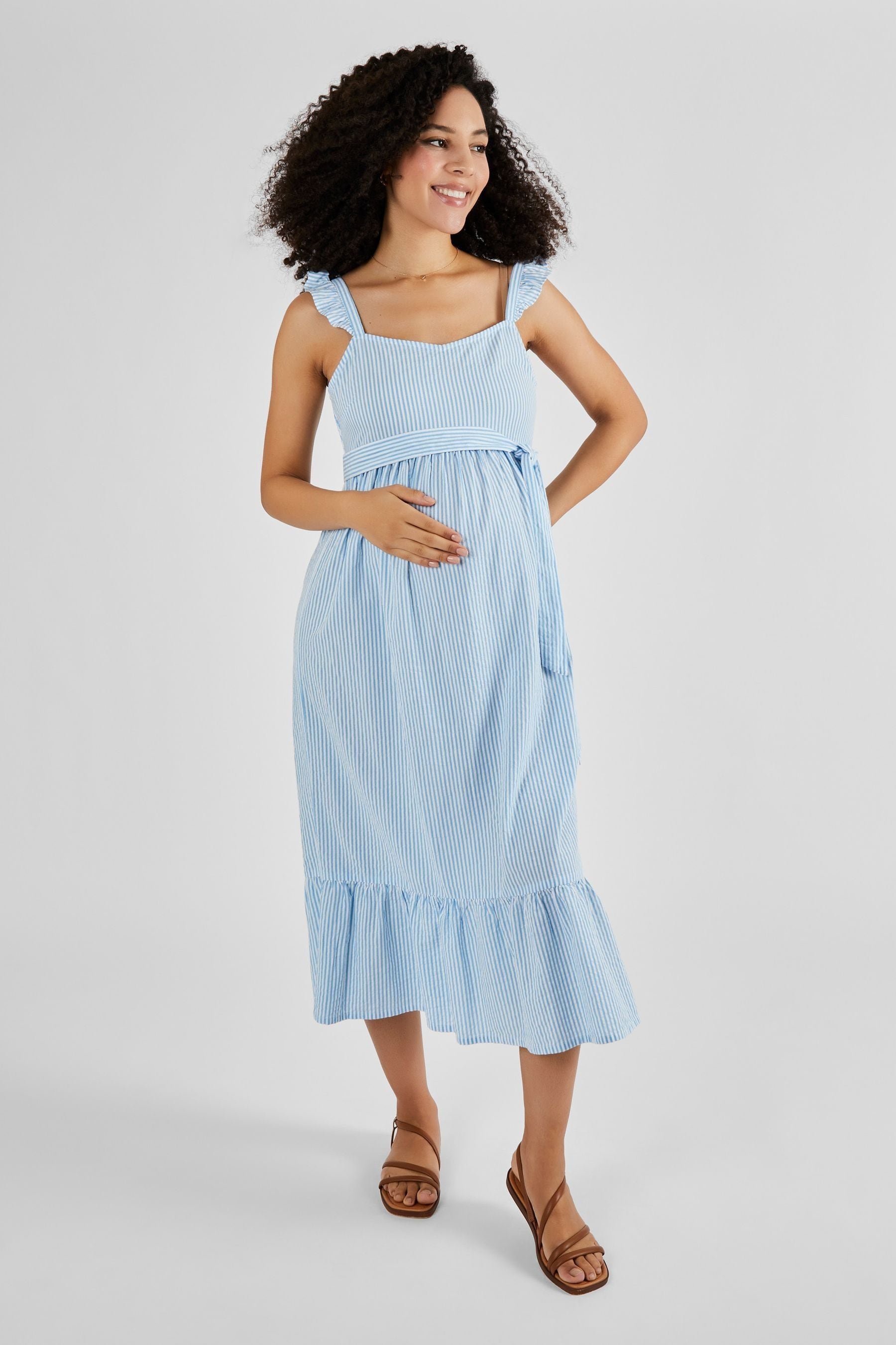 Blue JoJo Maman Bébé Striped Maternity Midi Summer Dress