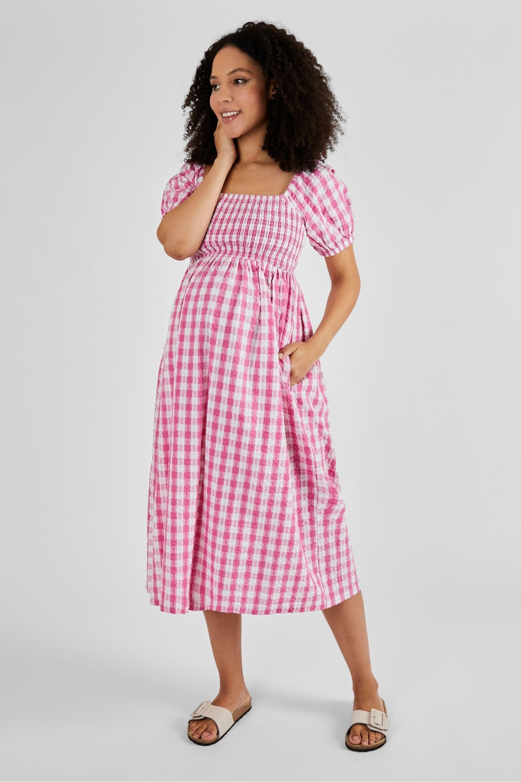 Pink Gingham JoJo Maman Bébé Shirred Maternity Midi Dress