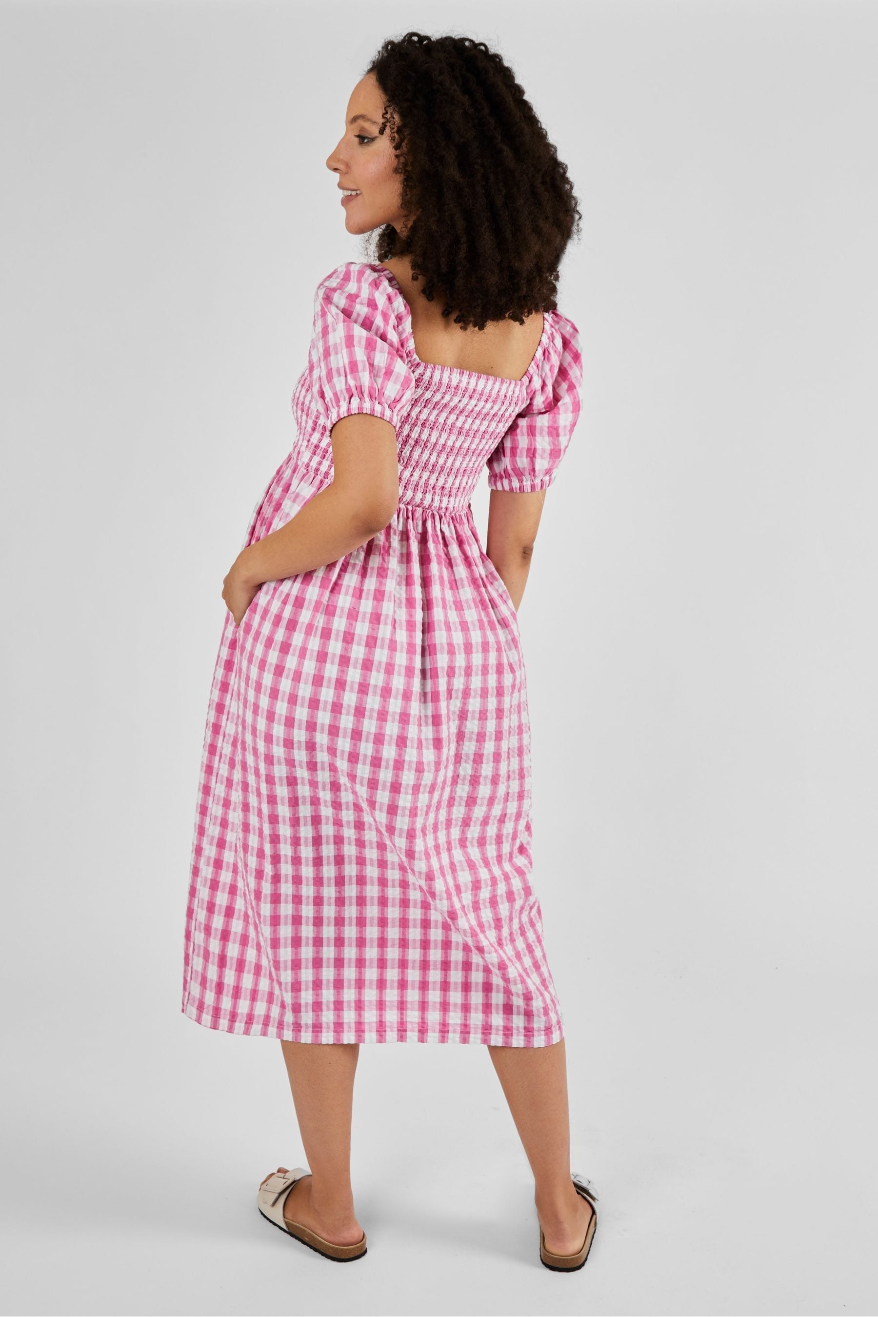 Pink Gingham JoJo Maman Bébé Shirred Maternity Midi Dress