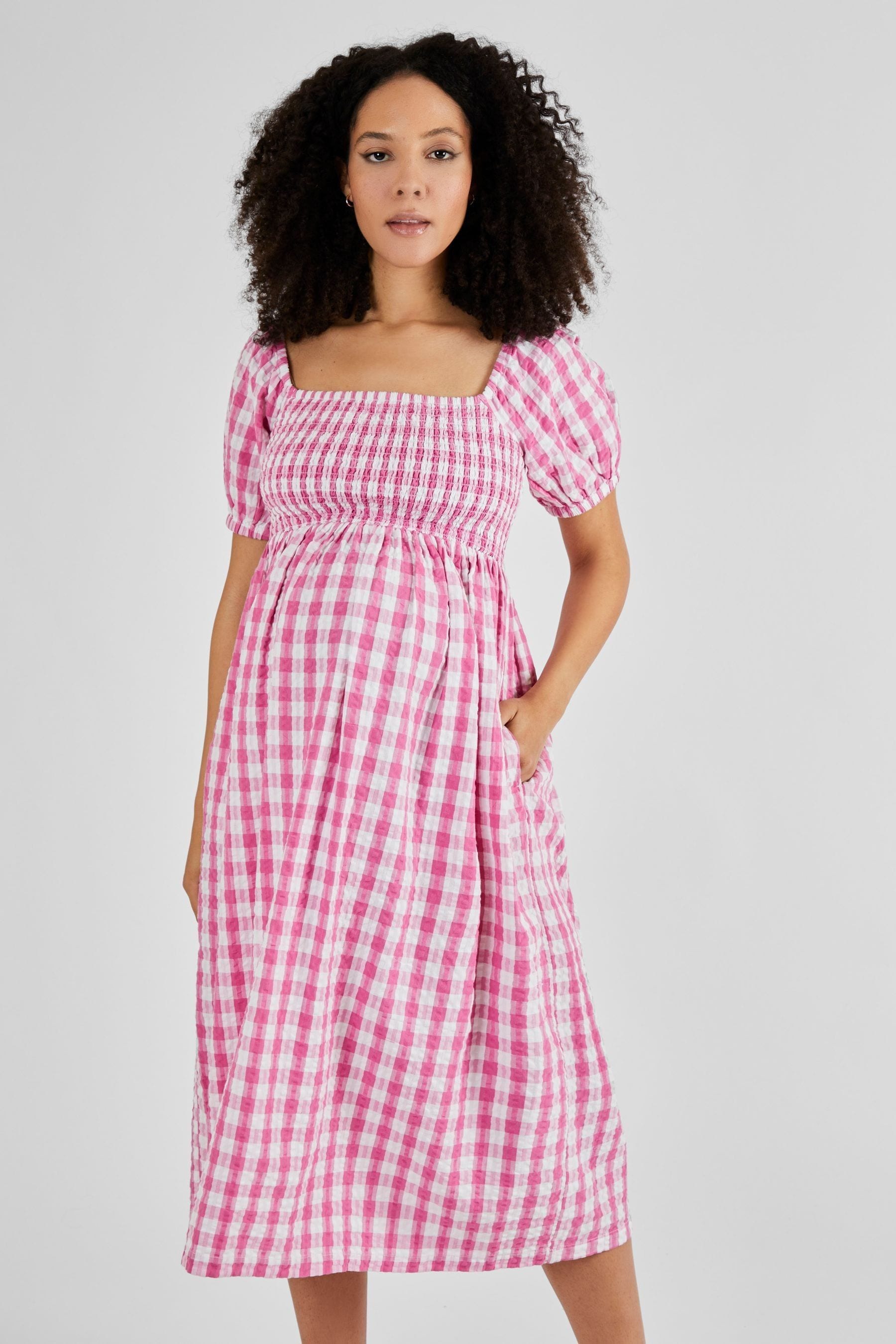 Pink Gingham JoJo Maman Bébé Shirred Maternity Midi Dress