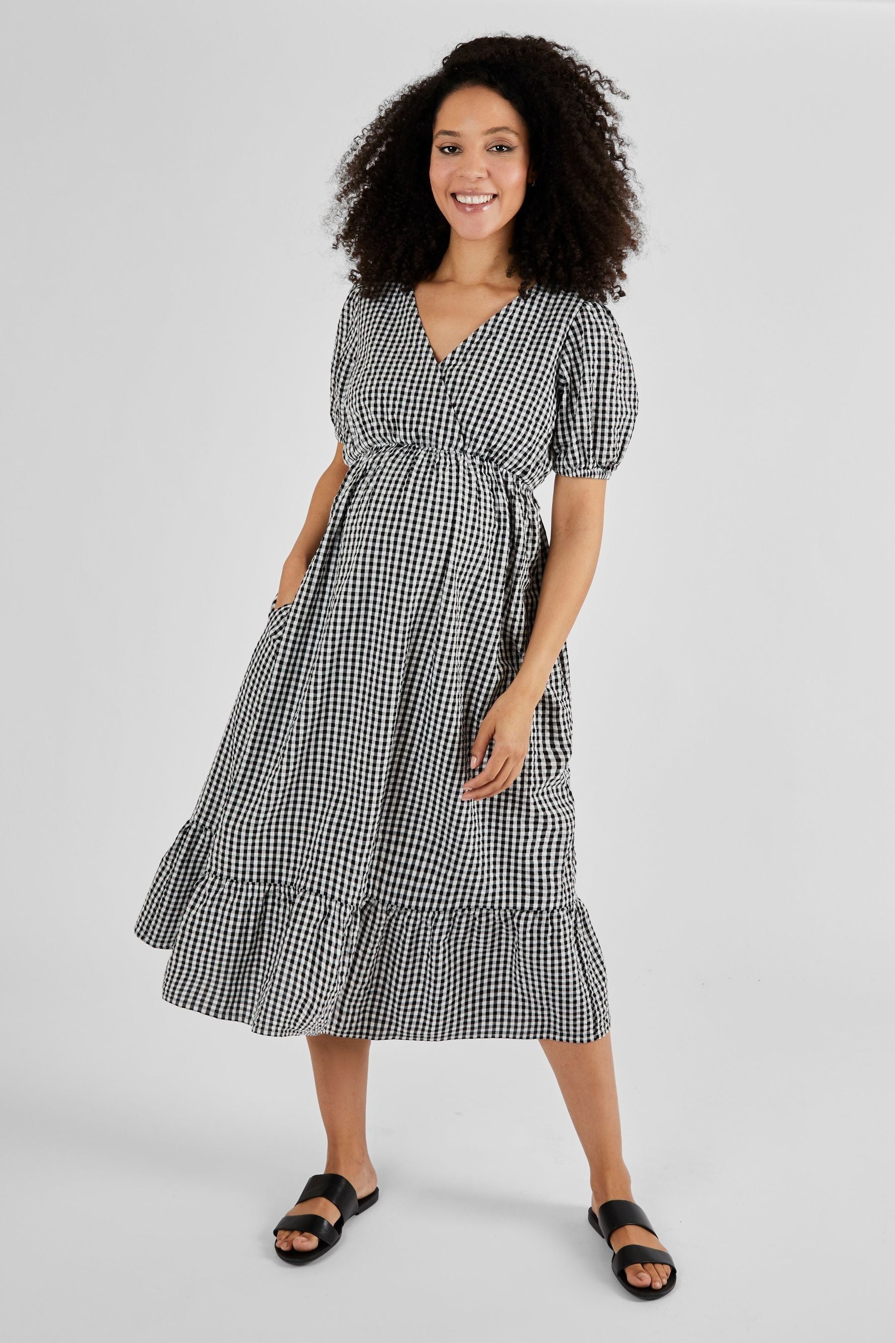 Black Gingham Print JoJo Maman Bébé Maternity Midi Dress