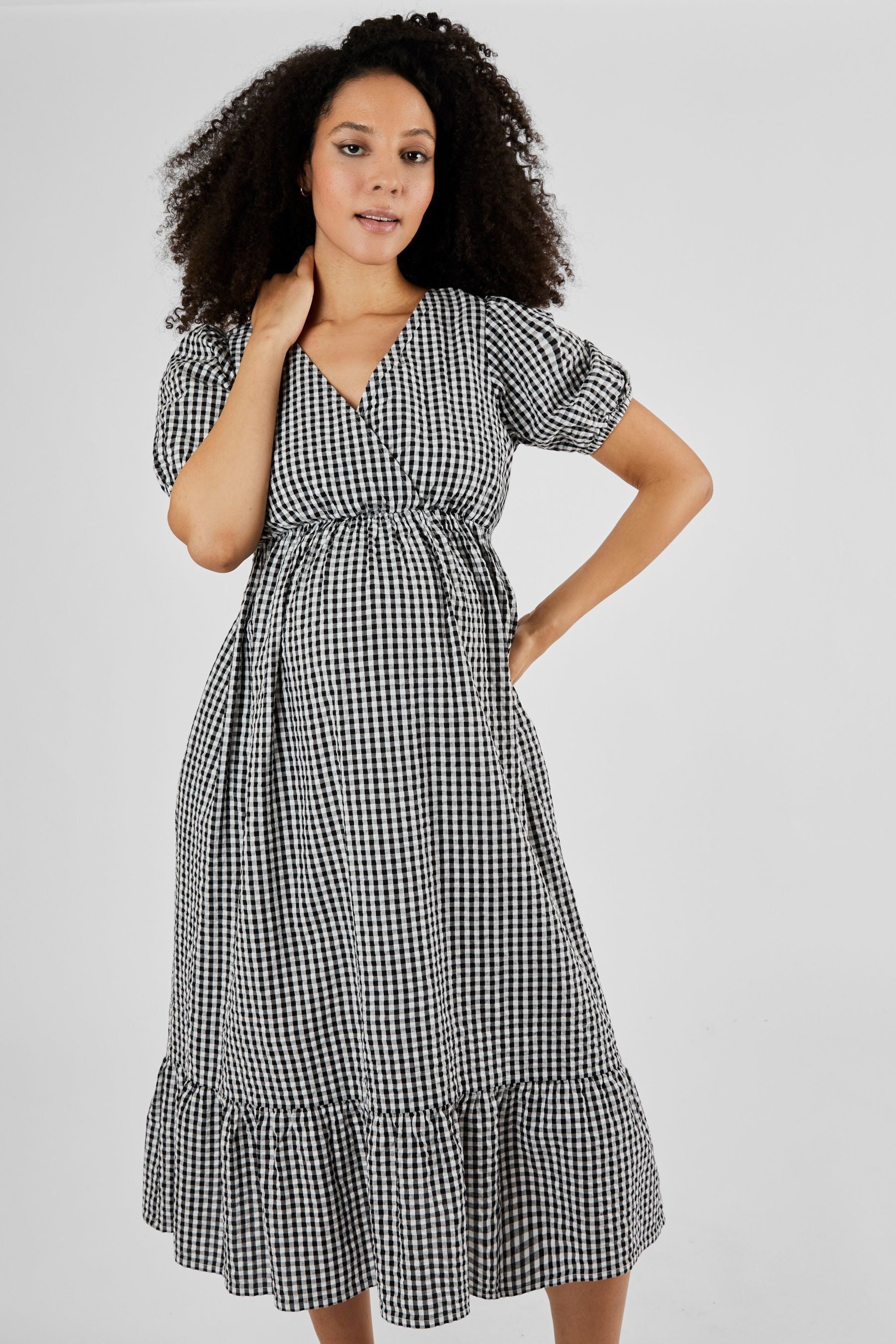 Black Gingham Print JoJo Maman Bébé Maternity Midi Dress