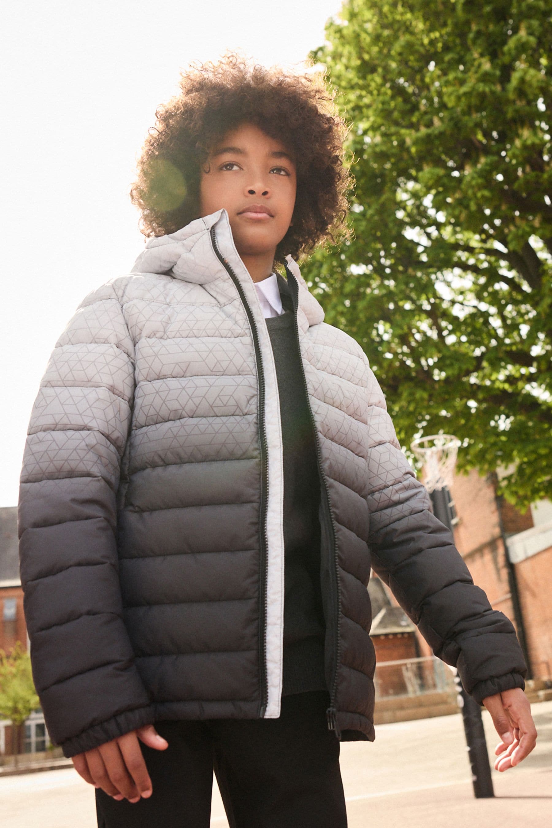 Grey/Black Quilted Midweight Hooded Jacket (3-17yrs)