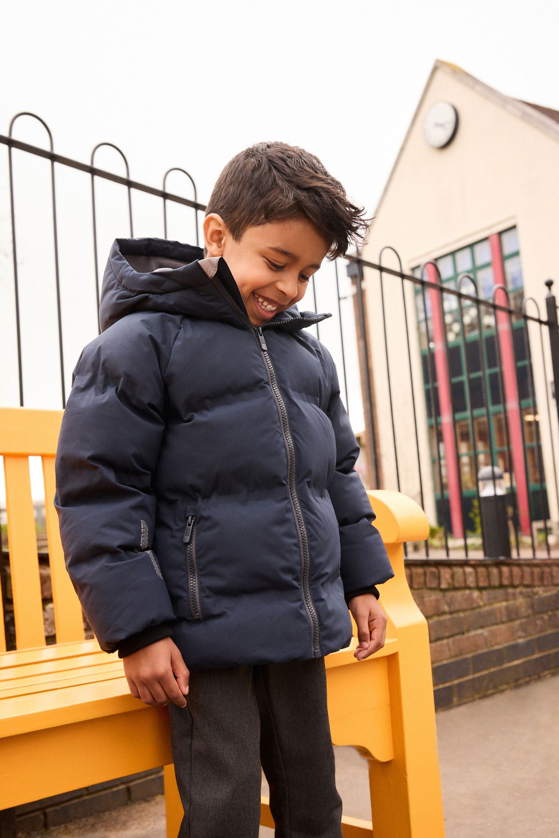 Navy Regular Fabric Fleece Lined Hooded Padded Puffer Jacket (3-17yrs)