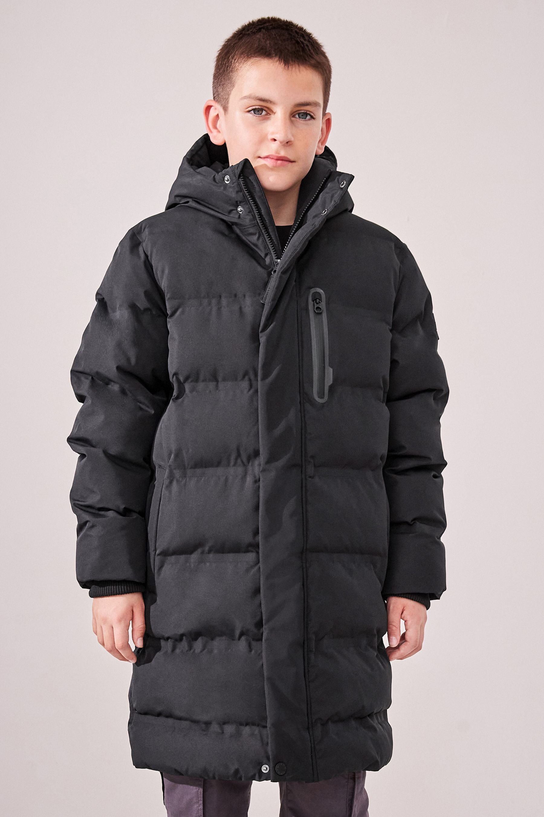 Black Waterproof Longline Fleece Lined Puffer Coat (3-17yrs)