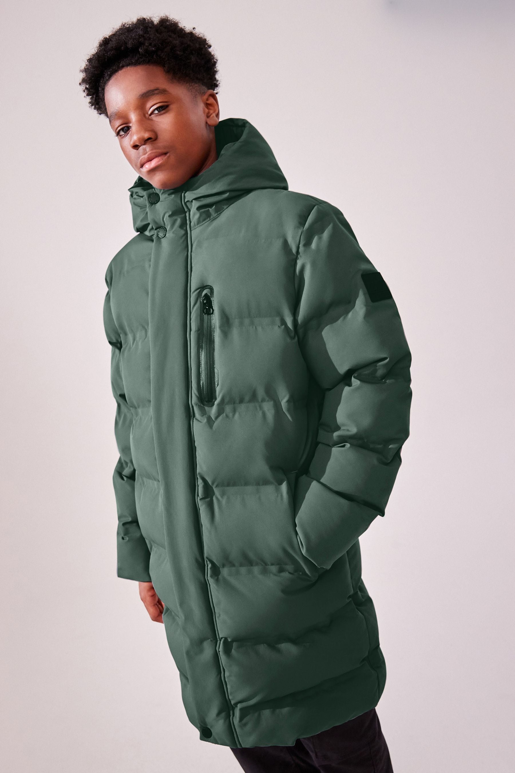 Sage Green Waterproof Longline Fleece Lined Puffer Coat (3-17yrs)