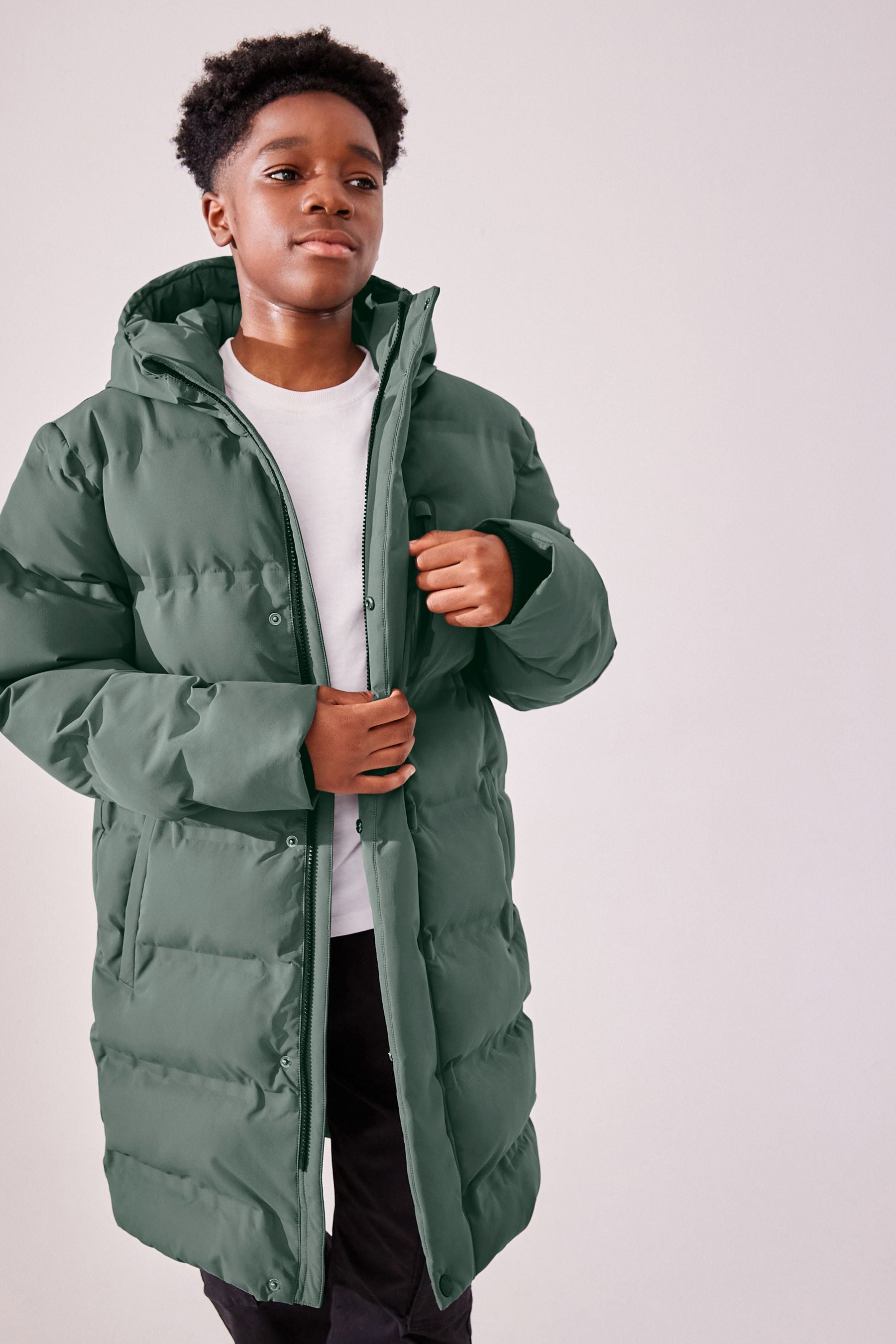 Sage Green Waterproof Longline Fleece Lined Puffer Coat (3-17yrs)