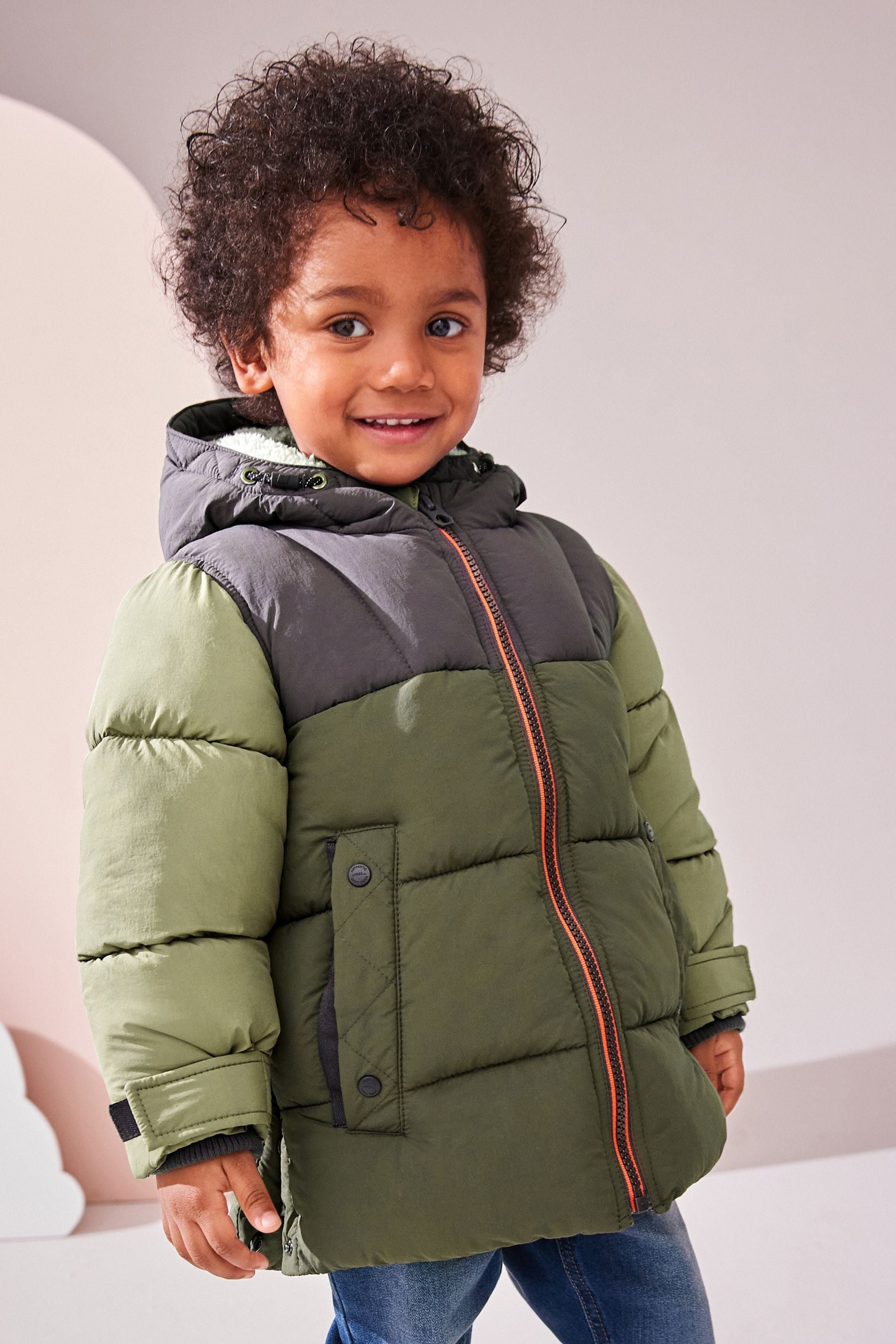 Green Colourblock Borg Lined Padded Coat (3mths-7yrs)