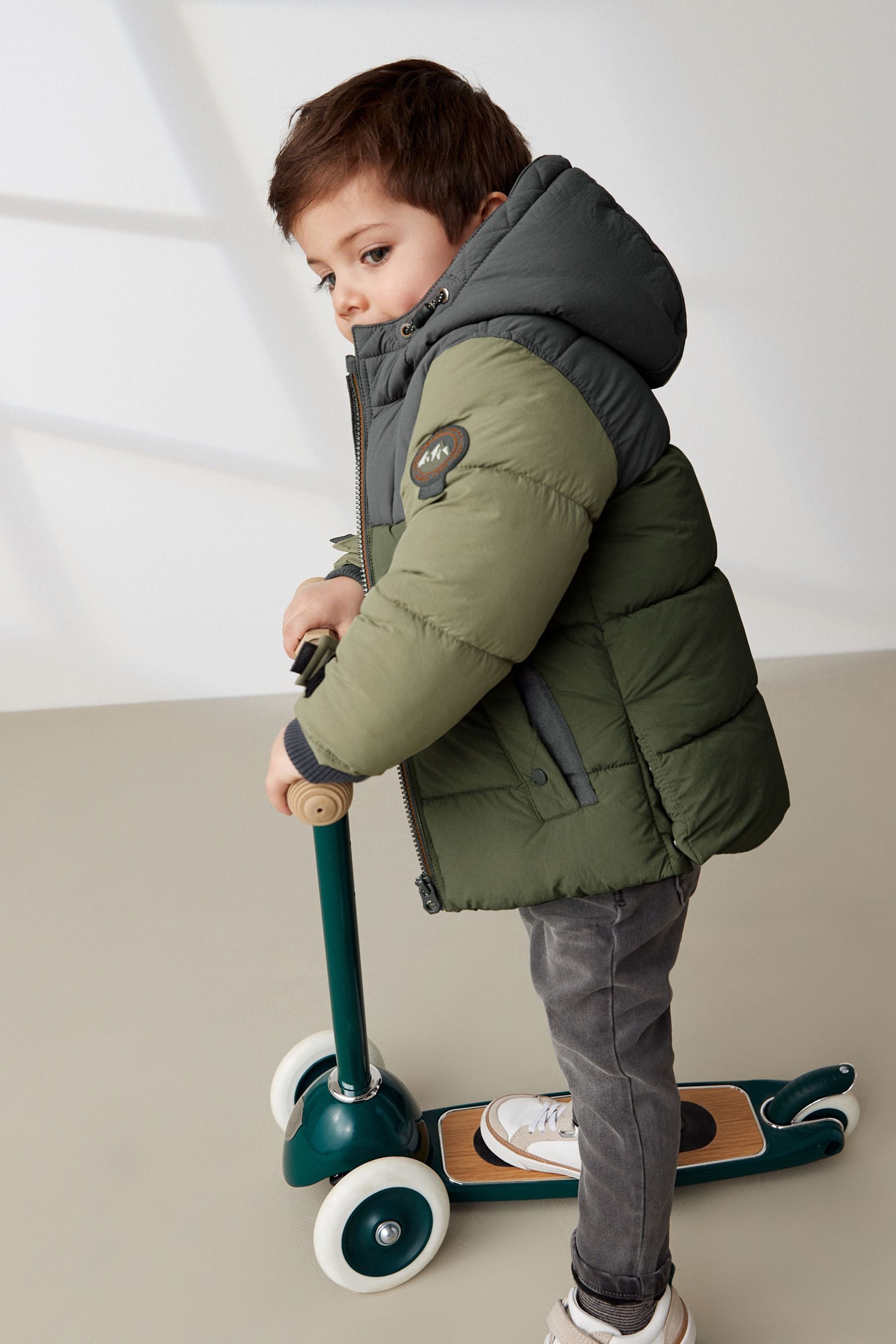 Green Colourblock Borg Fleece Lined Shower Resistant Hooded Padded Coat (3mths-7yrs)