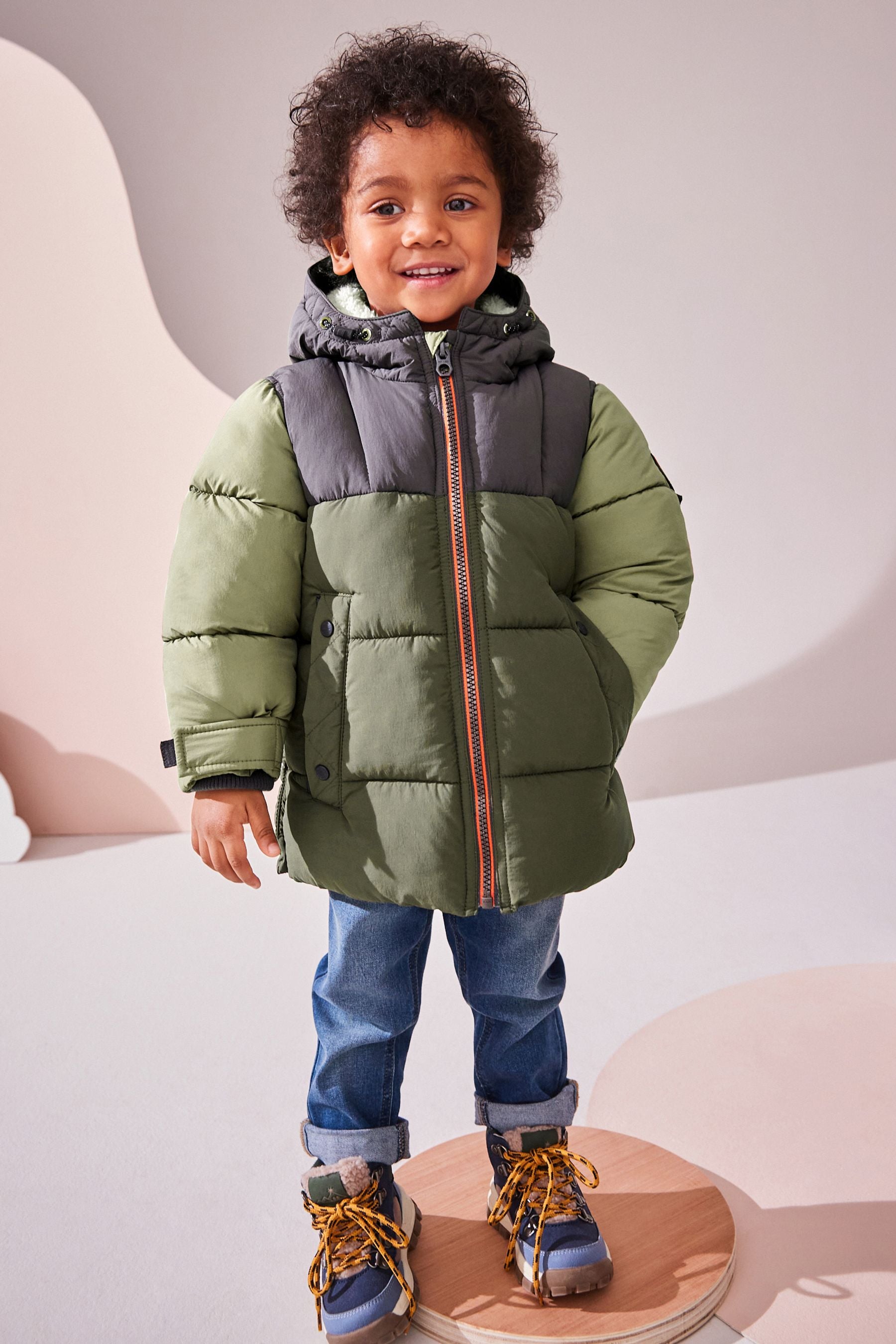 Green Colourblock Borg Lined Padded Coat (3mths-7yrs)