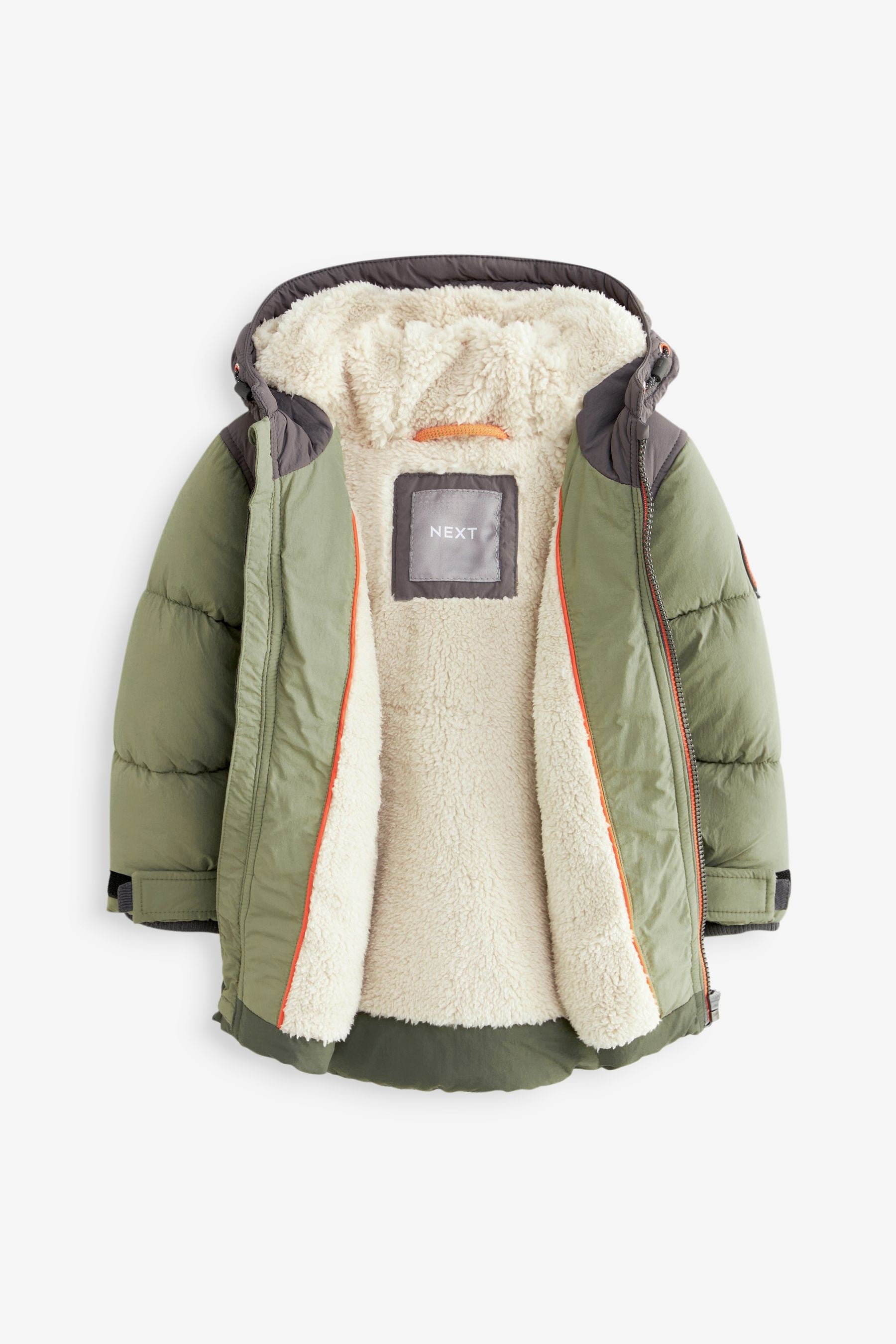 Green Colourblock Borg Fleece Lined Shower Resistant Hooded Padded Coat (3mths-7yrs)