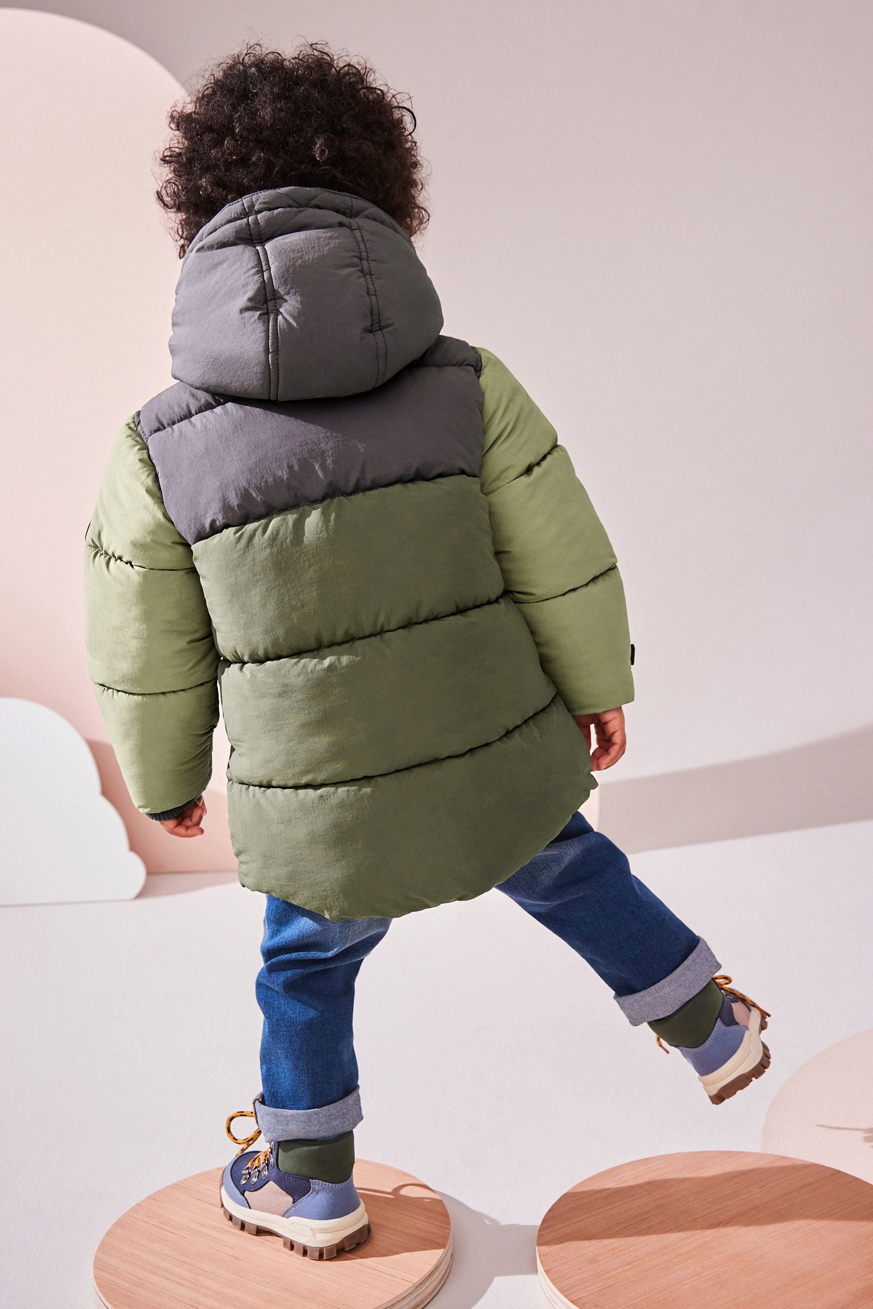 Green Colourblock Borg Lined Padded Coat (3mths-7yrs)