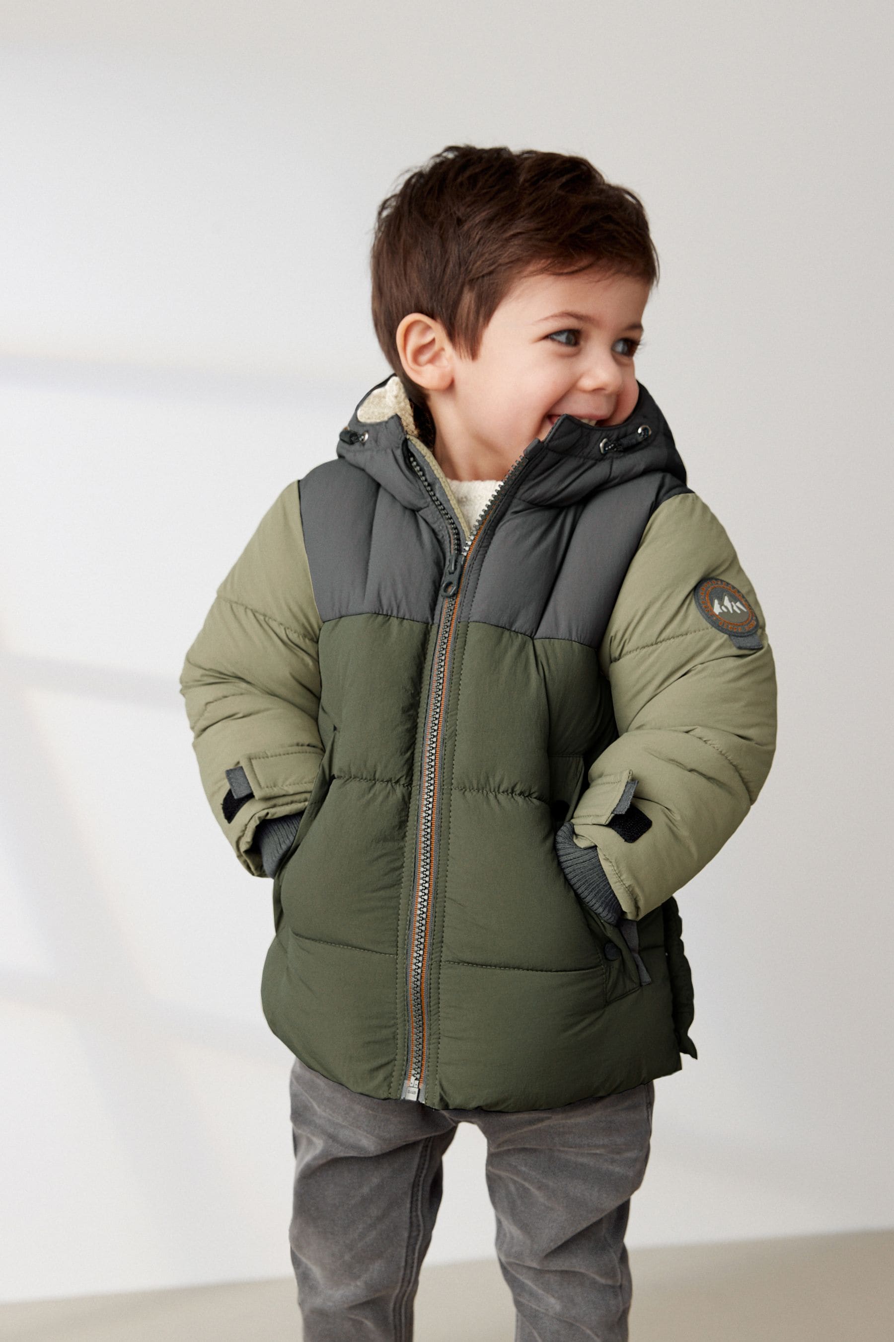 Green Colourblock Borg Fleece Lined Shower Resistant Hooded Padded Coat (3mths-7yrs)