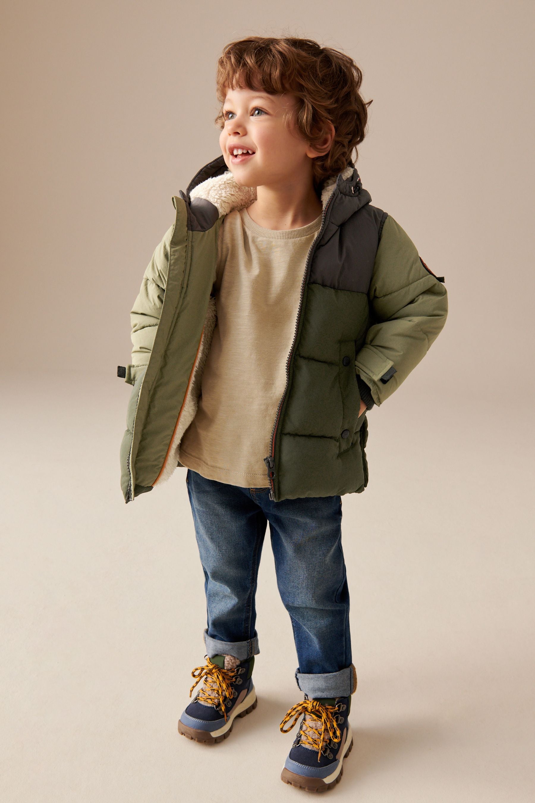 Green Colourblock Borg Lined Padded Coat (3mths-7yrs)