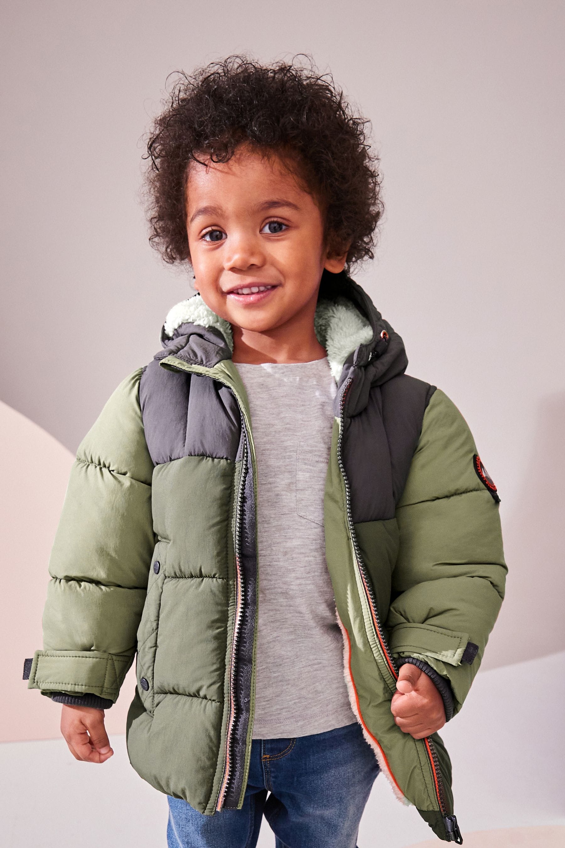 Green Colourblock Borg Lined Padded Coat (3mths-7yrs)