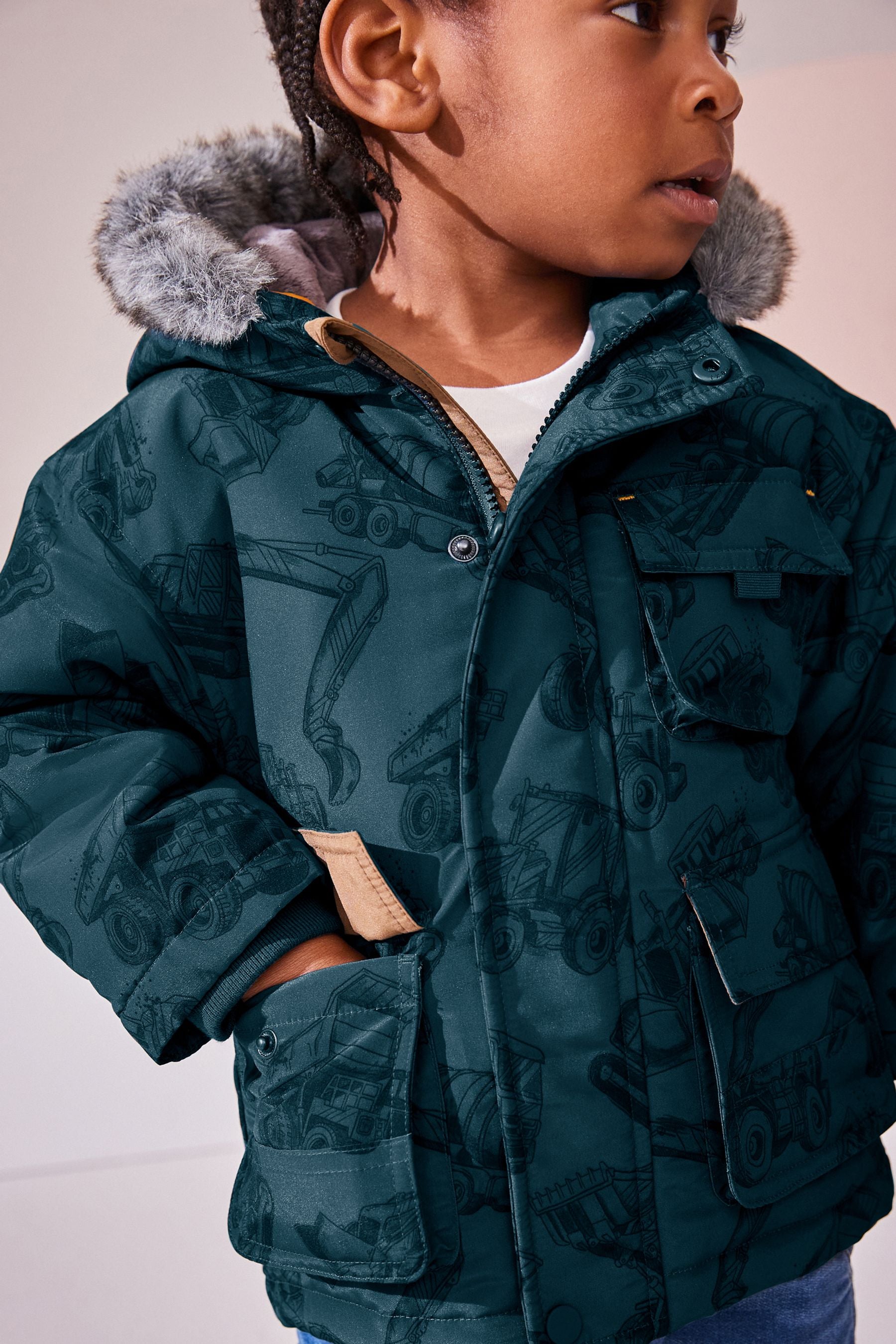 Navy Faux Fur Hood Shower Resistant Parka (3mths-7yrs)