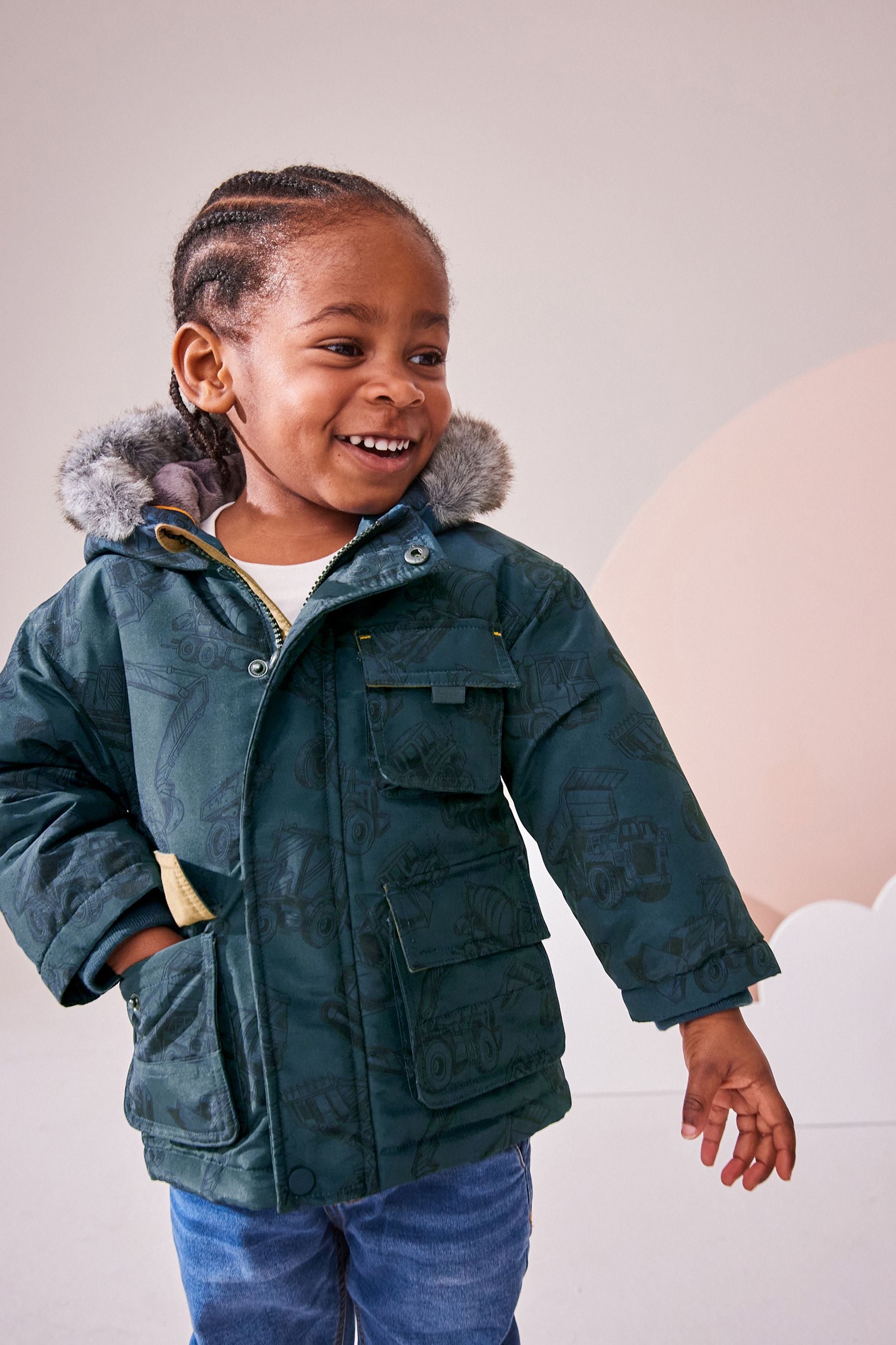 Navy Faux Fur Hood Shower Resistant Parka (3mths-7yrs)