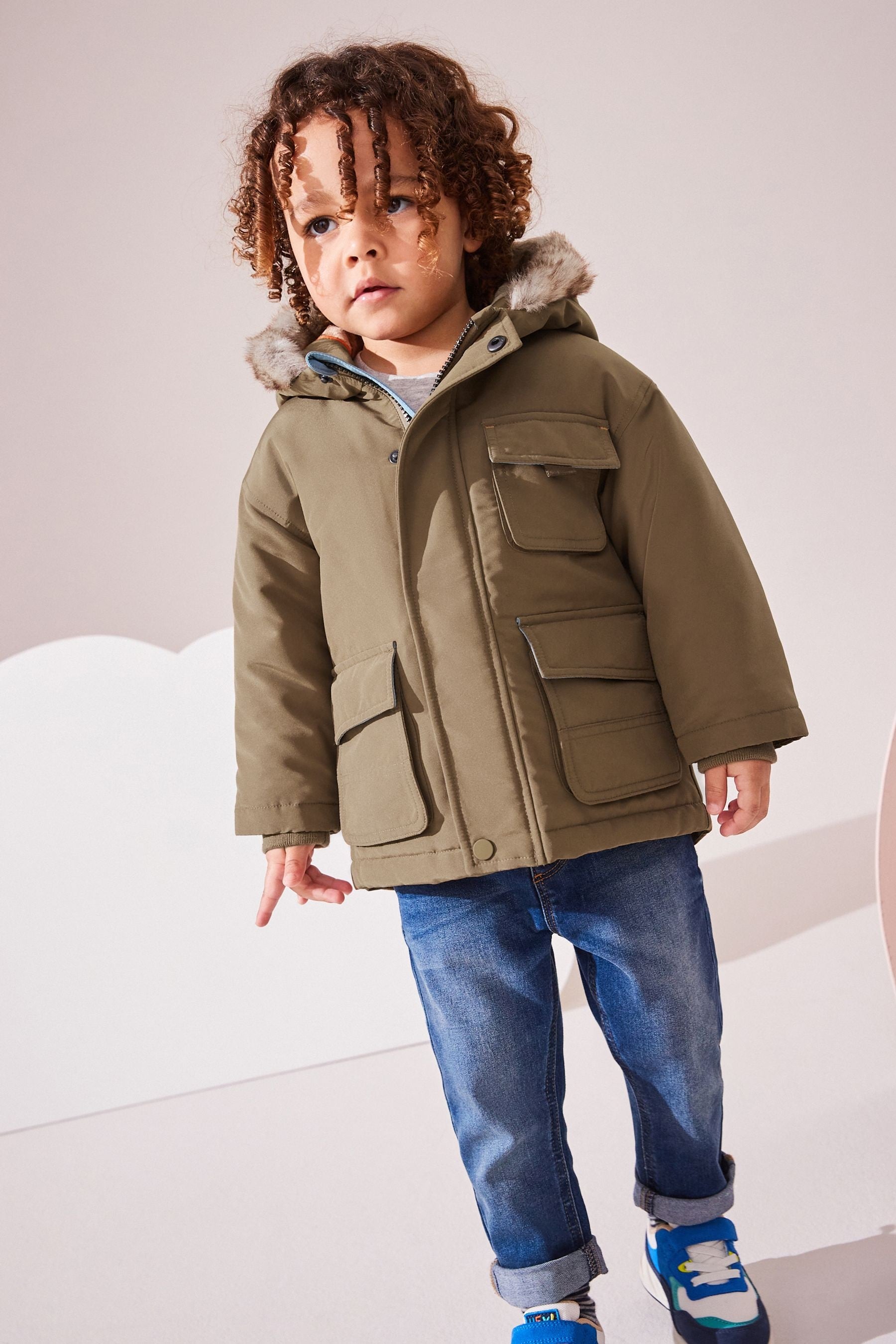 Neutral Faux Fur Hood Shower Resistant Parka (3mths-7yrs)