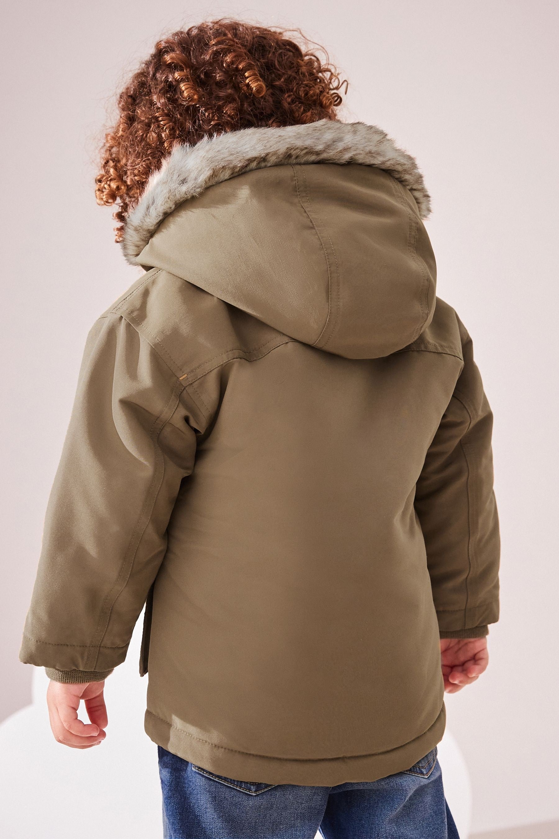 Neutral Faux Fur Hood Shower Resistant Parka (3mths-7yrs)