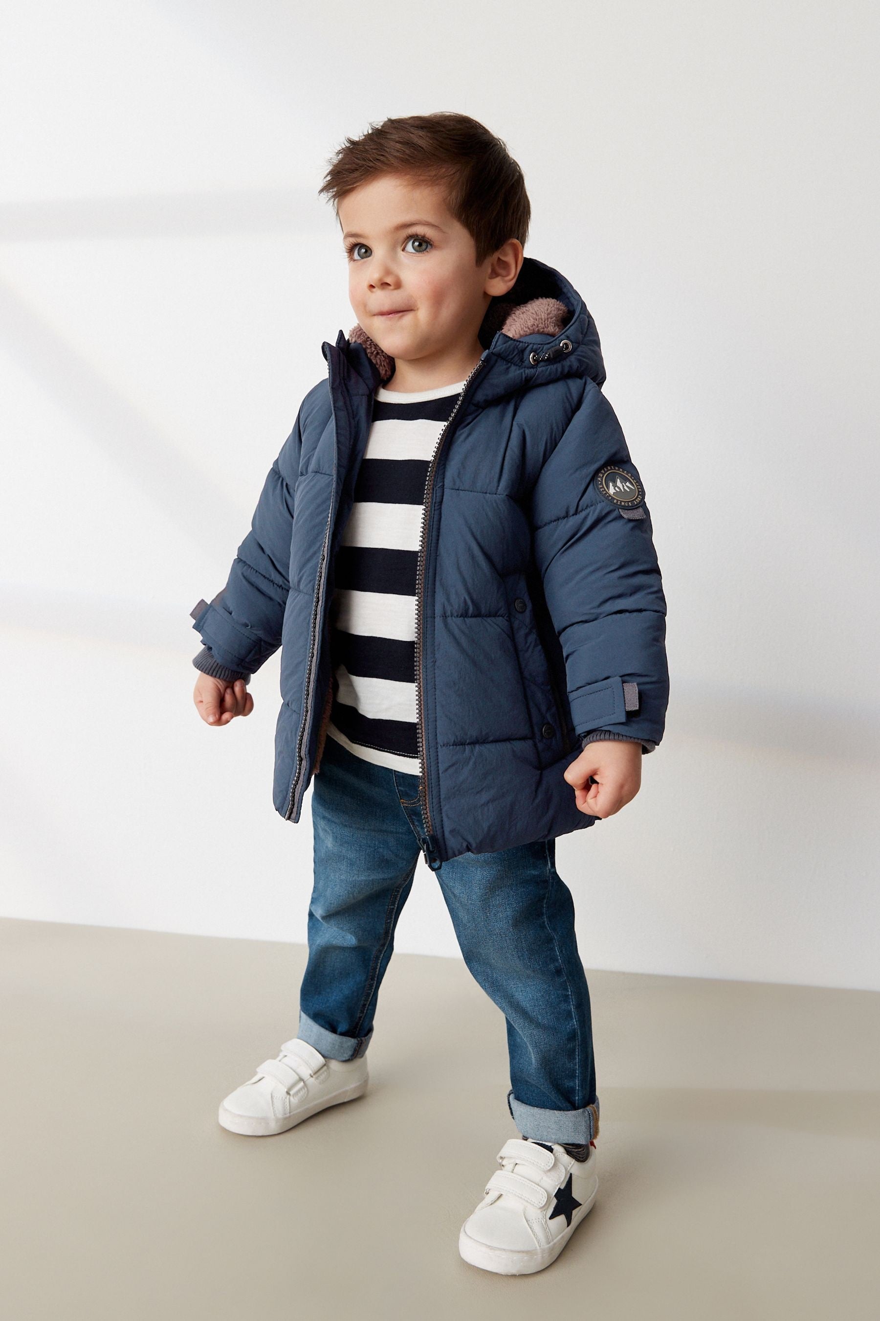 Navy Borg Fleece Lined Shower Resistant Hooded Padded Coat (3mths-7yrs)