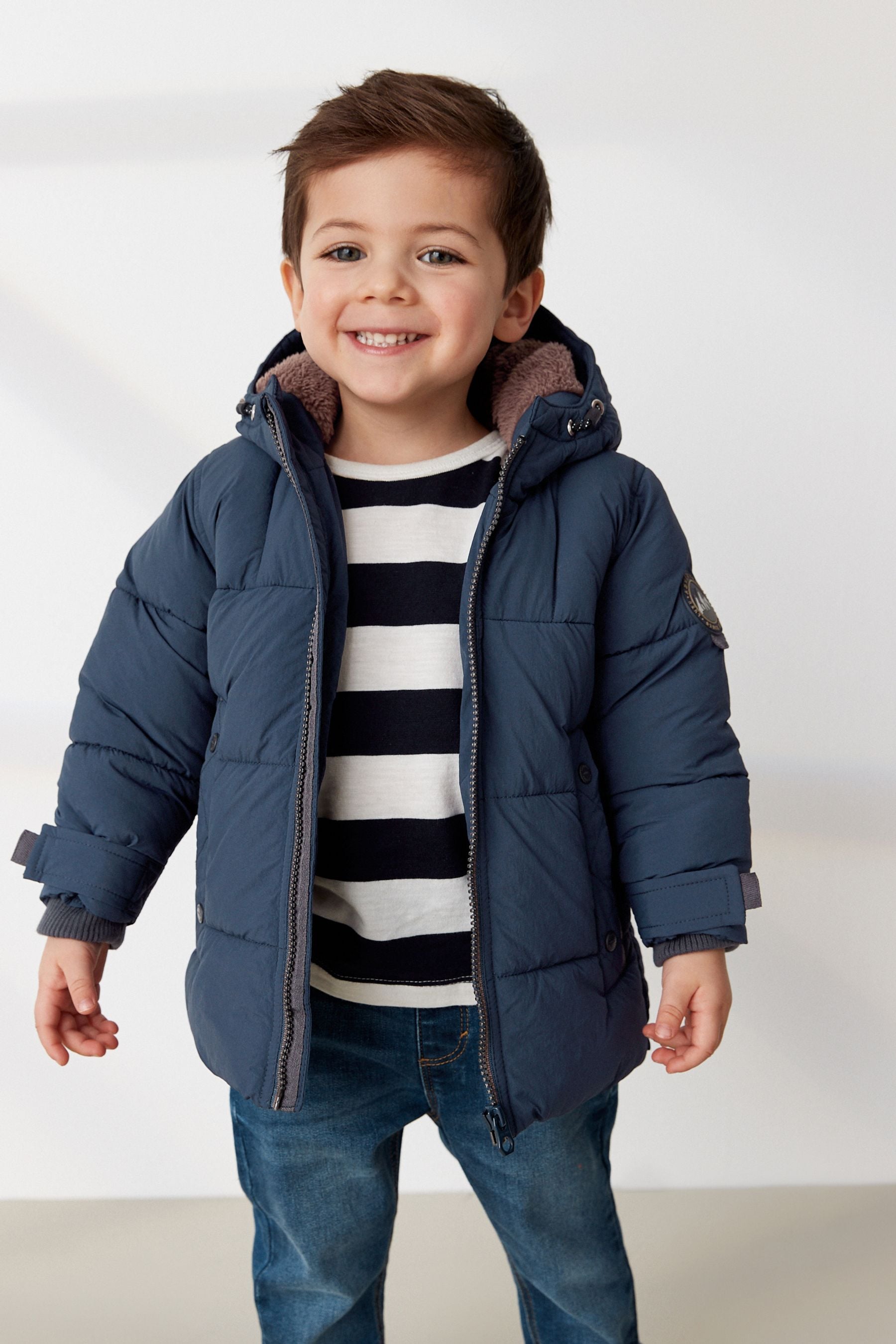 Navy Borg Fleece Lined Shower Resistant Hooded Padded Coat (3mths-7yrs)