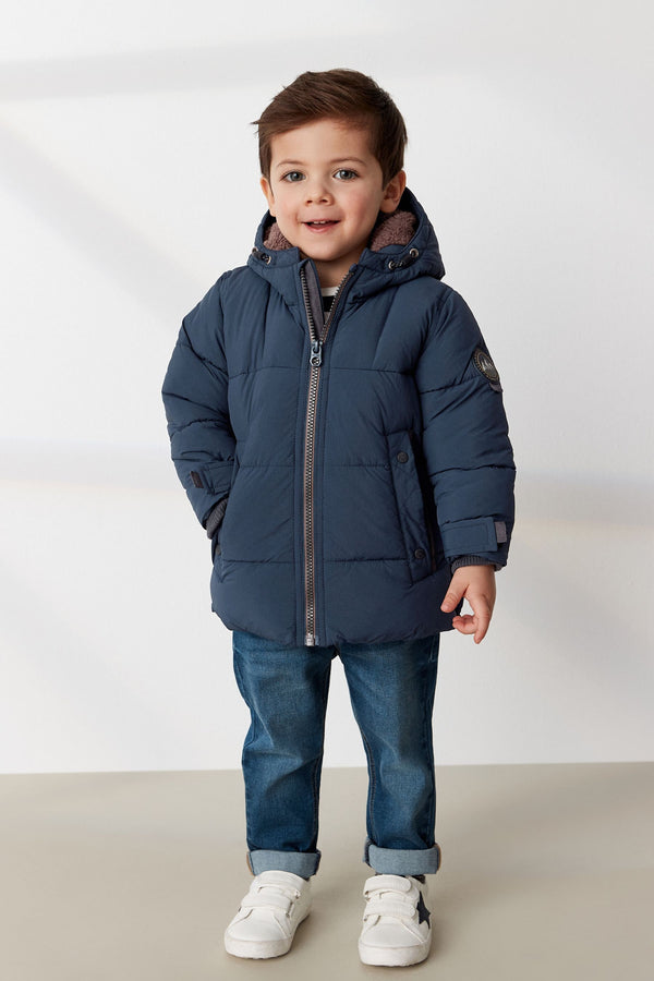 Navy Borg Fleece Lined Shower Resistant Hooded Padded Coat (3mths-7yrs)