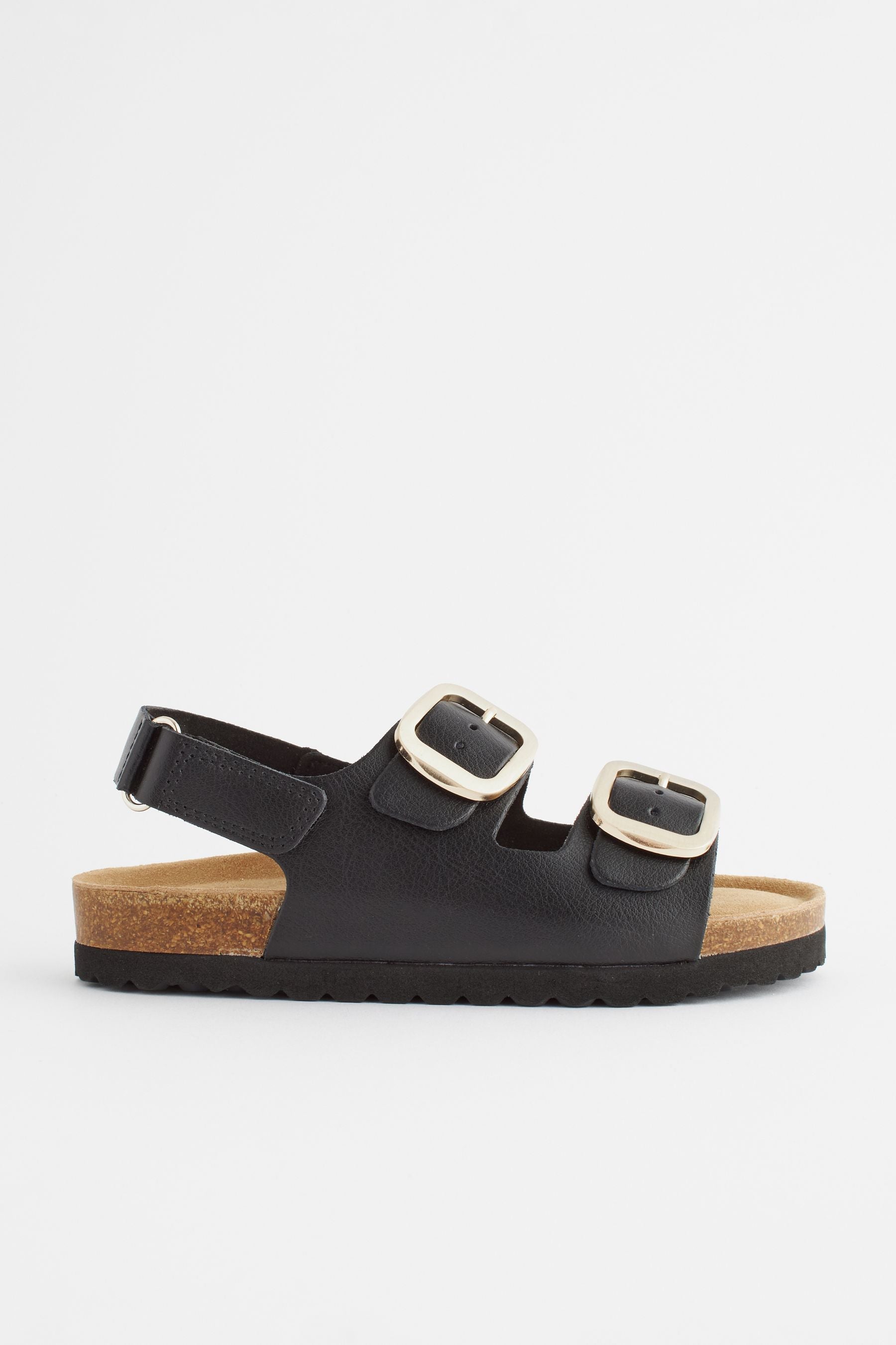 Black Leather Two Strap Corkbed Sandals