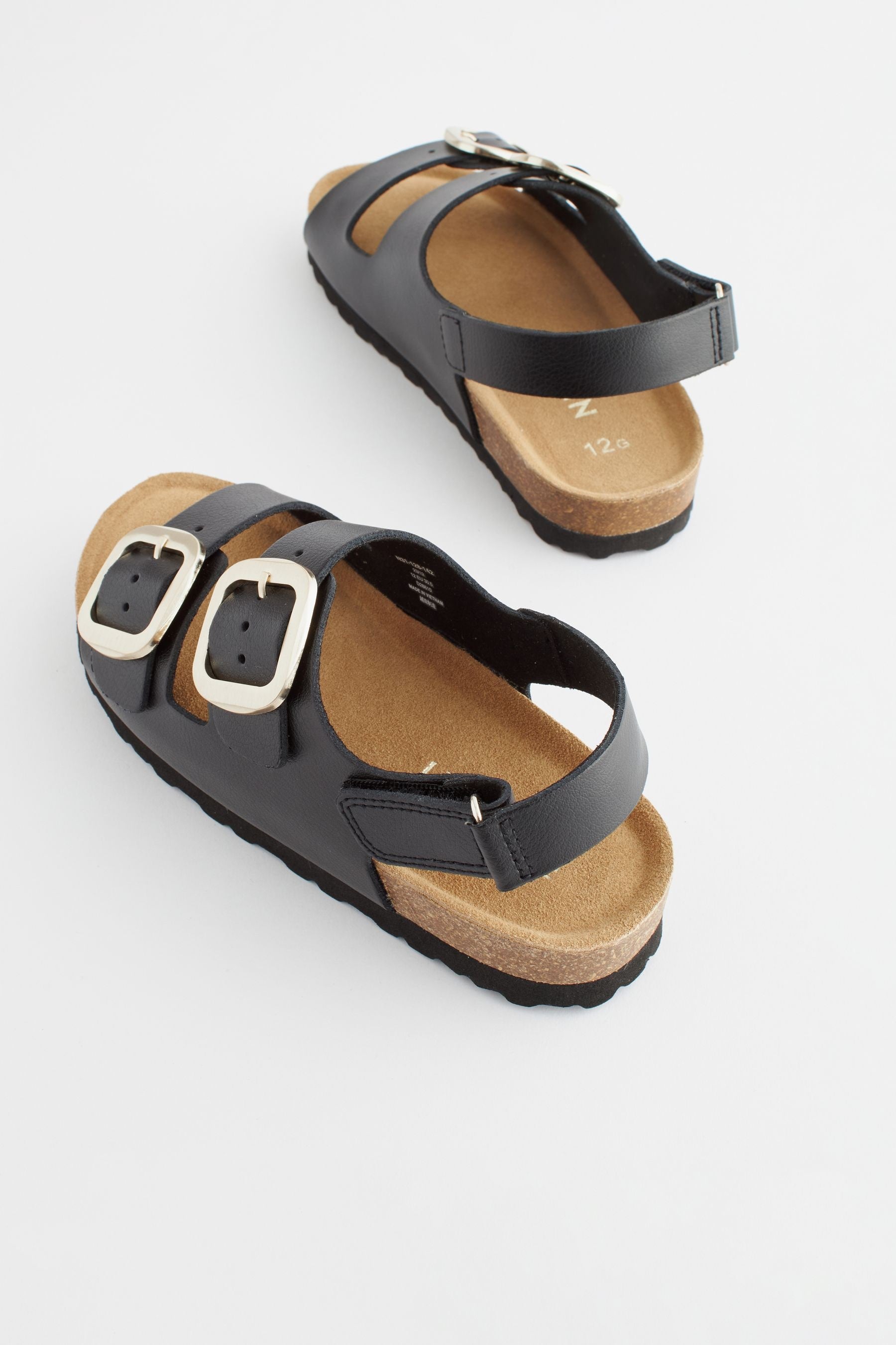 Black Leather Two Strap Corkbed Sandals