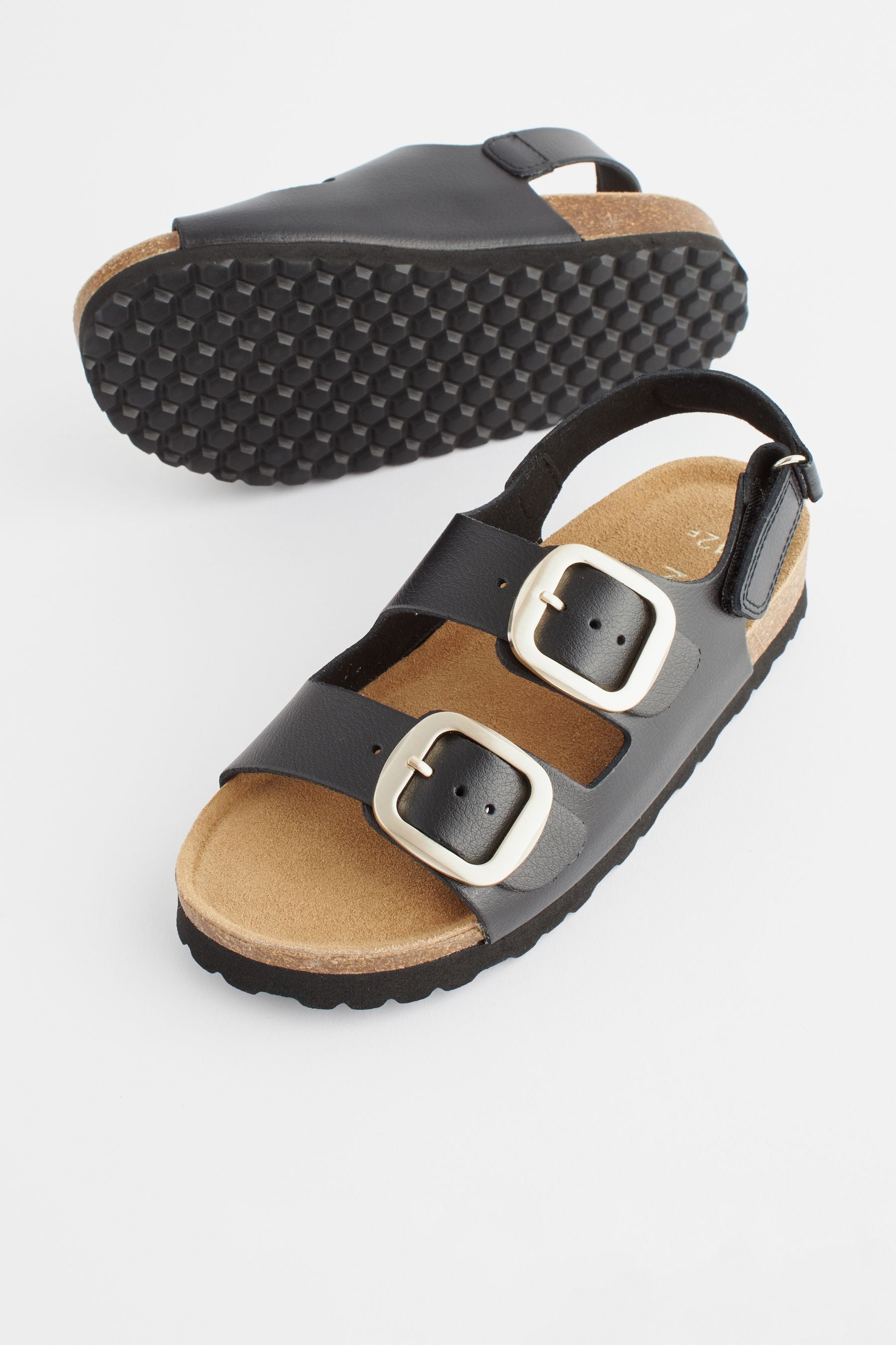 Black Leather Wide Fit (G) Two Strap Corkbed Sandals