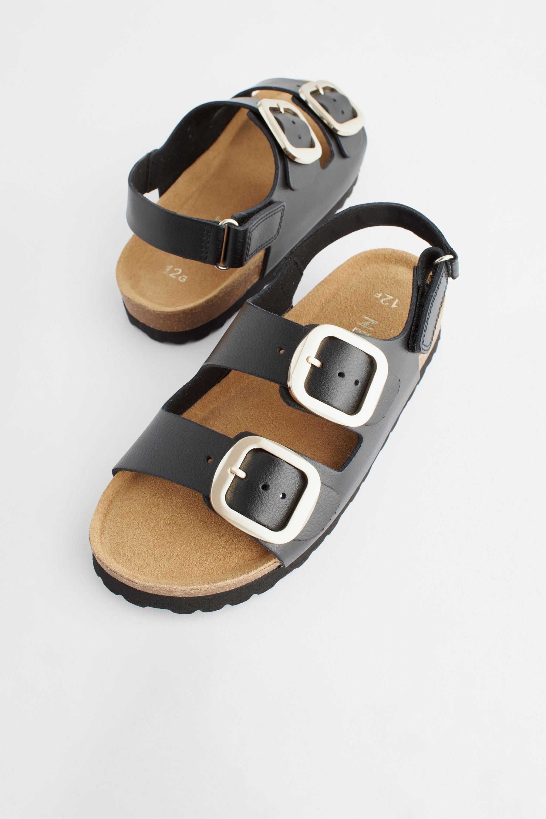 Black Leather Two Strap Corkbed Sandals