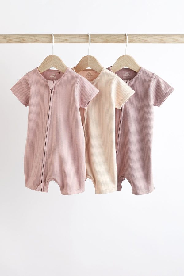 Pale Pink Baby Two Way Zip 100% Cotton Rompers 3 Pack (0mths-3yrs)