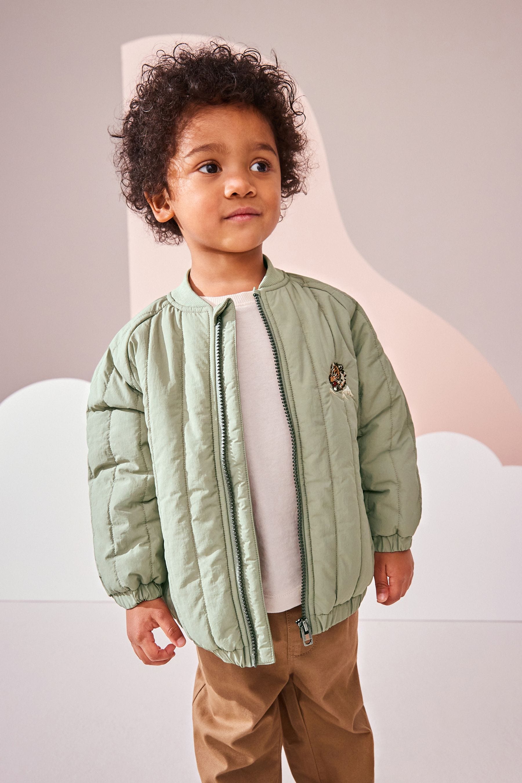 Sage Green Quilt Embroidered Bomber Jacket (3mths-7yrs)